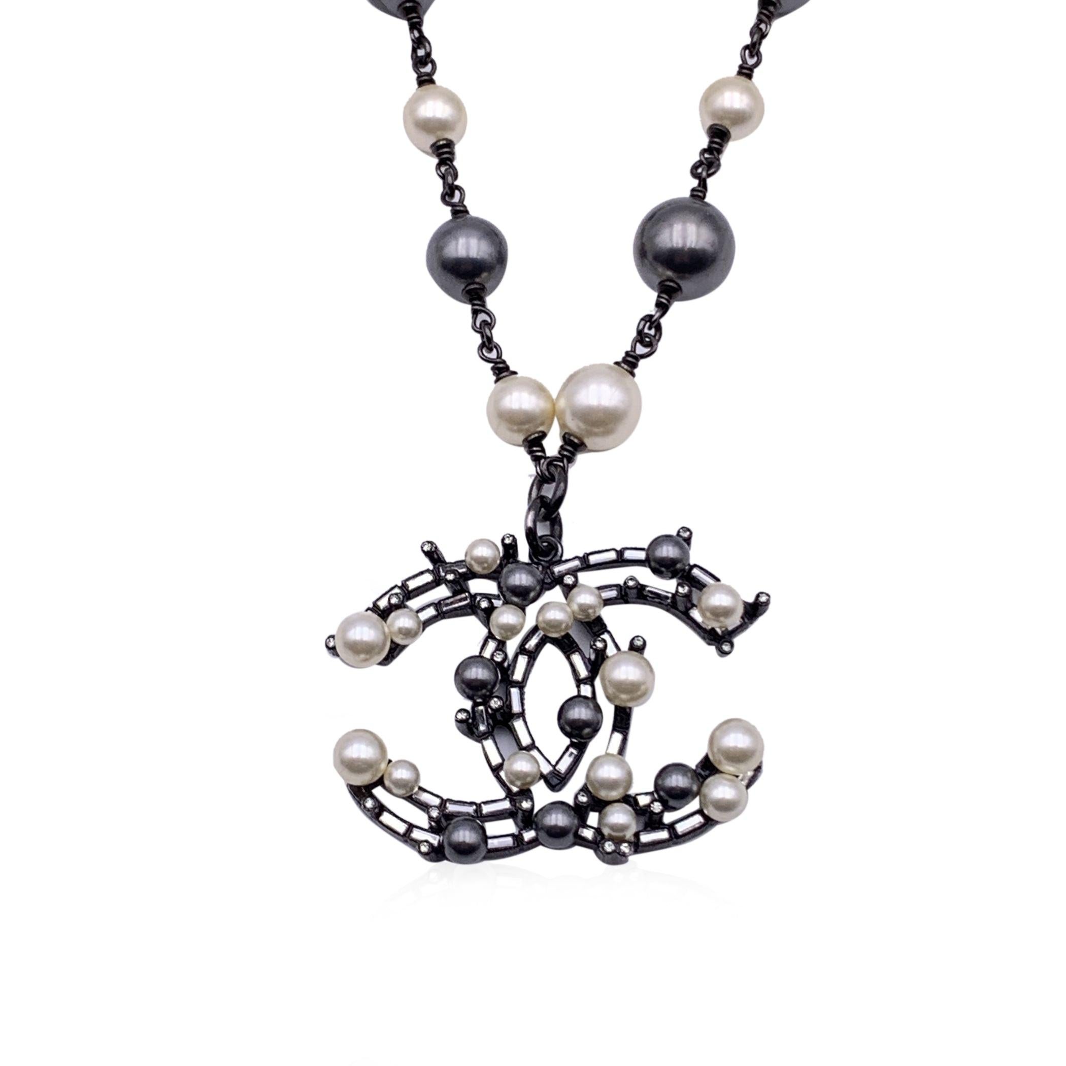 Gray Chanel Ruthenium Metal Pearl Baguette Crystal CC Pendant Necklace