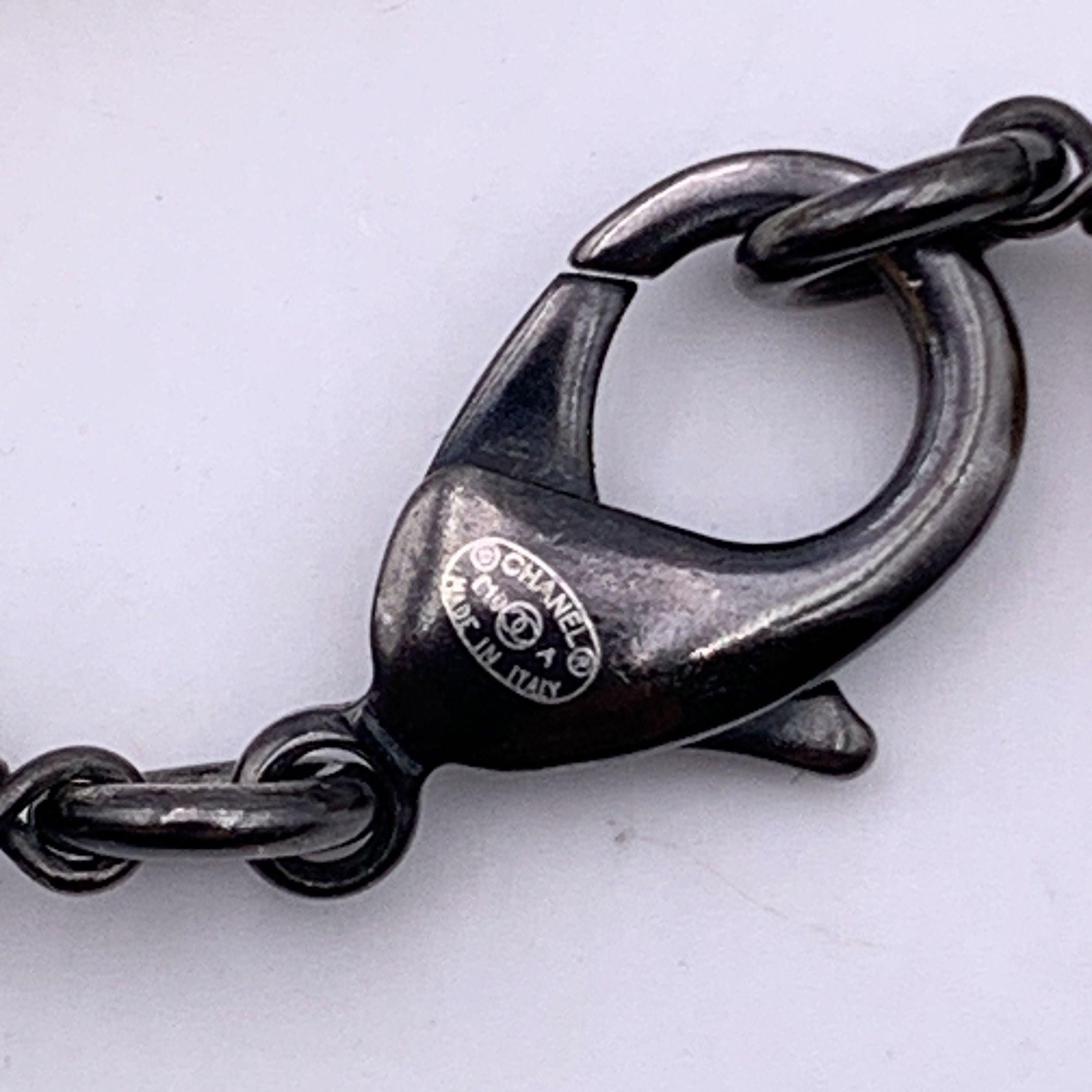 Chanel Ruthenium Metal Pearl Baguette Crystal CC Pendant Necklace In Excellent Condition In Rome, Rome