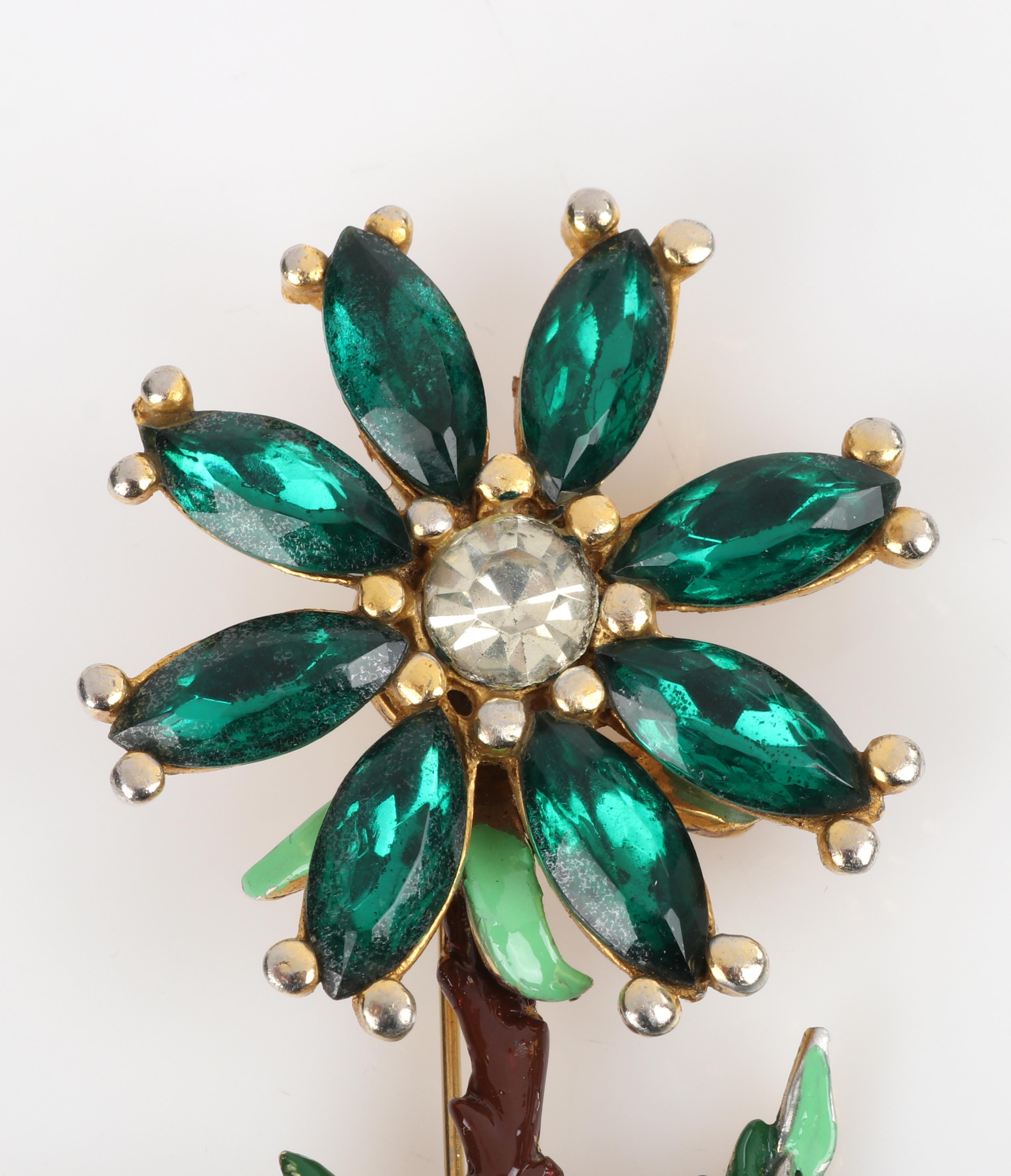 CHANEL S/S 1941 Green Glass Rhinestone Enamel Flower Brooch Pin 3