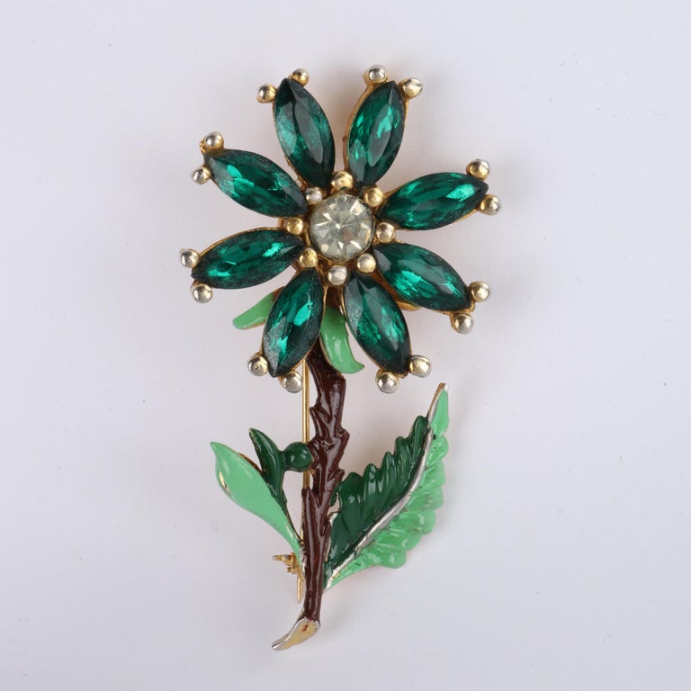 CHANEL S/S 1941 Green Glass Rhinestone Enamel Flower Brooch Pin at 1stDibs