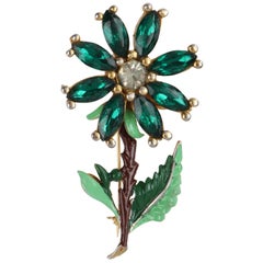 Vintage CHANEL S/S 1941 Green Glass Rhinestone Enamel Flower Brooch Pin