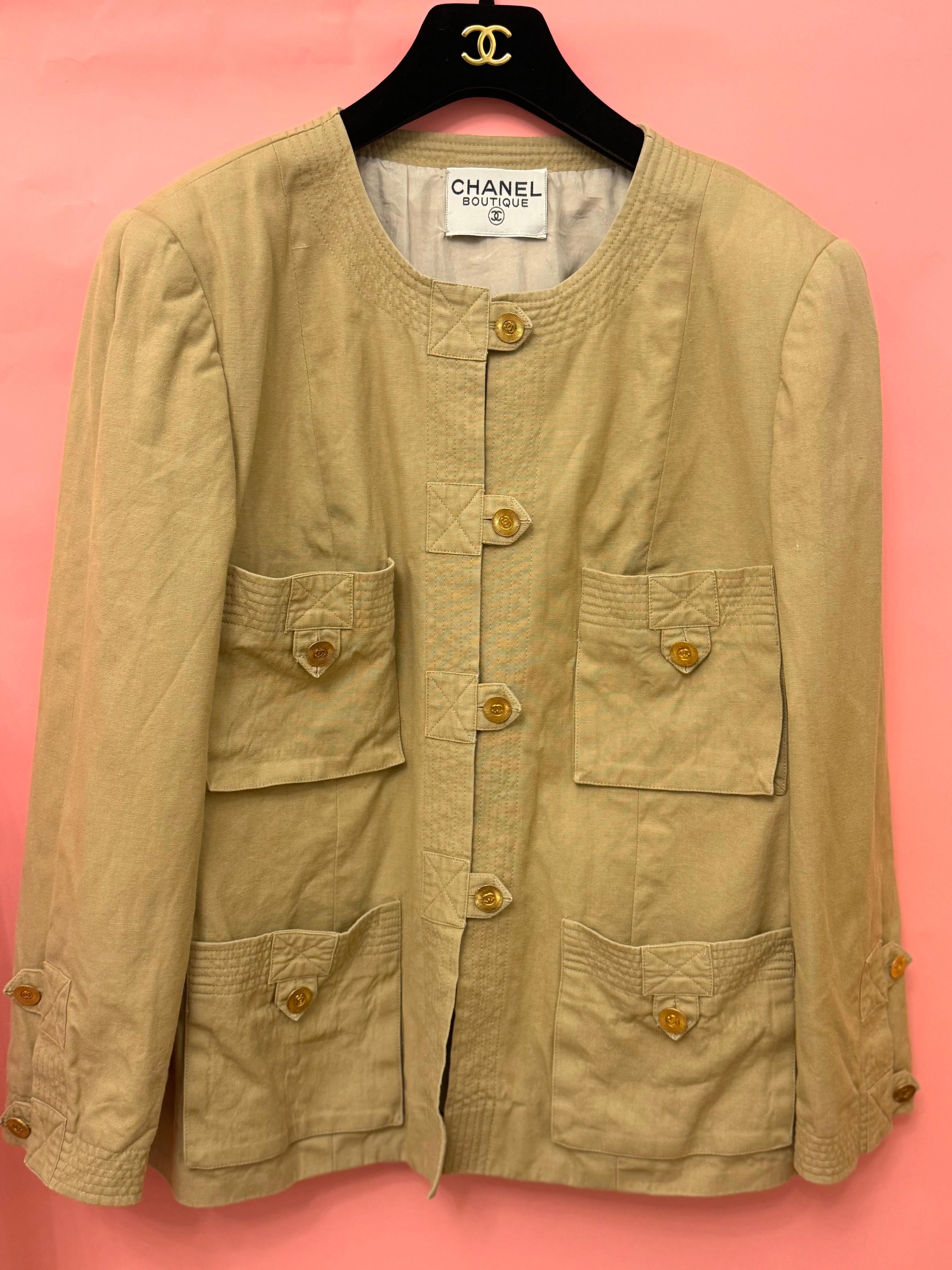 Marron Chanel S/S 1985 veste en coton boutons de soleil en vente