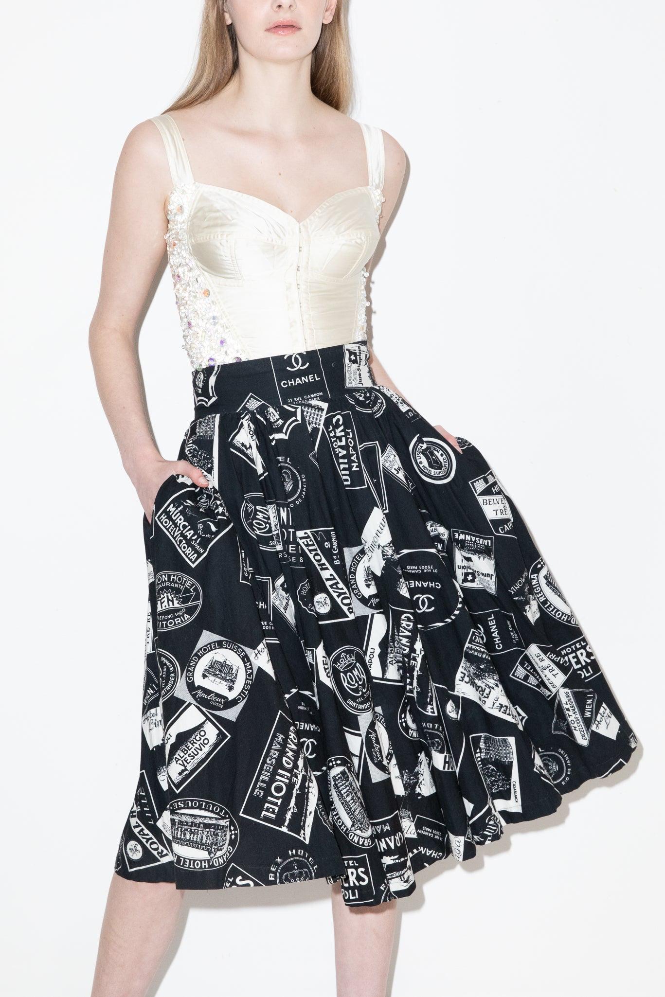 Chanel S/S 1989 Runway Grand Hotel Print Full Skirt In Excellent Condition For Sale In BELLEVUE HILL, NSW