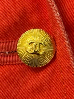 Chanel S/S 1991 runway red denim oversized jacket CC logo sunburst buttons