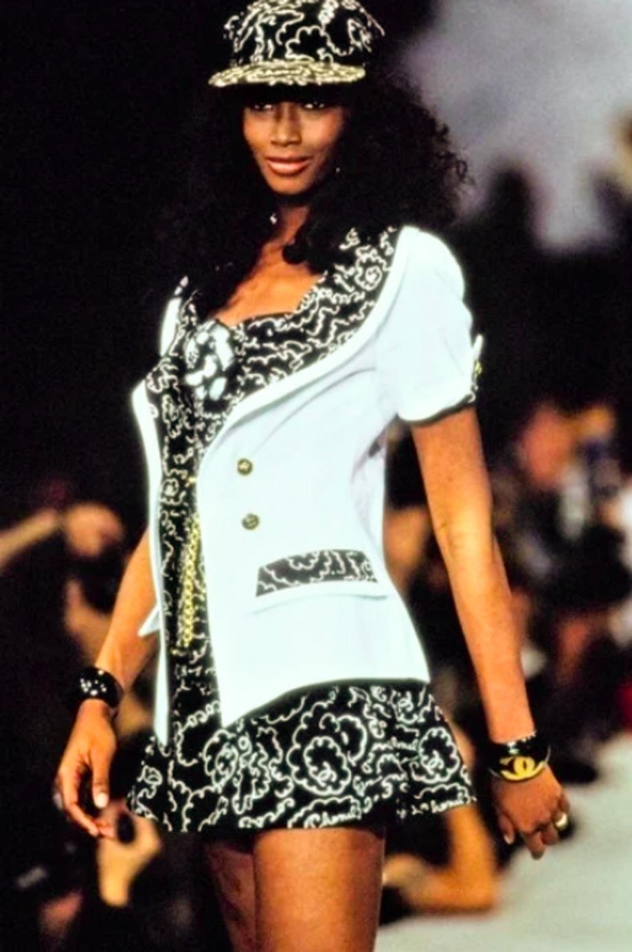 Chanel S/S 1993 Vintage Schwarz Creme Kamelie Druck 93P Korsett Top Damen im Angebot