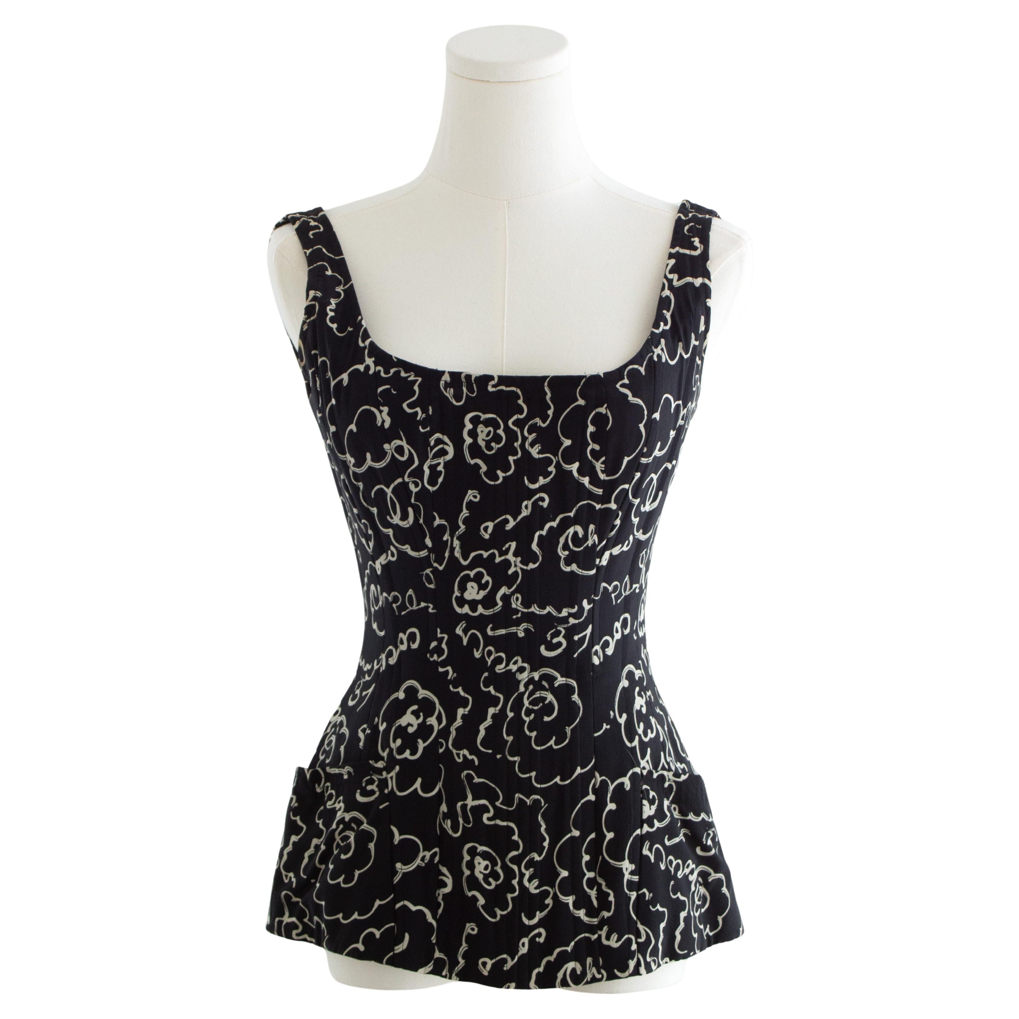 Chanel S/S 1993 Vintage Schwarz Creme Kamelie Druck 93P Korsett Top im Angebot