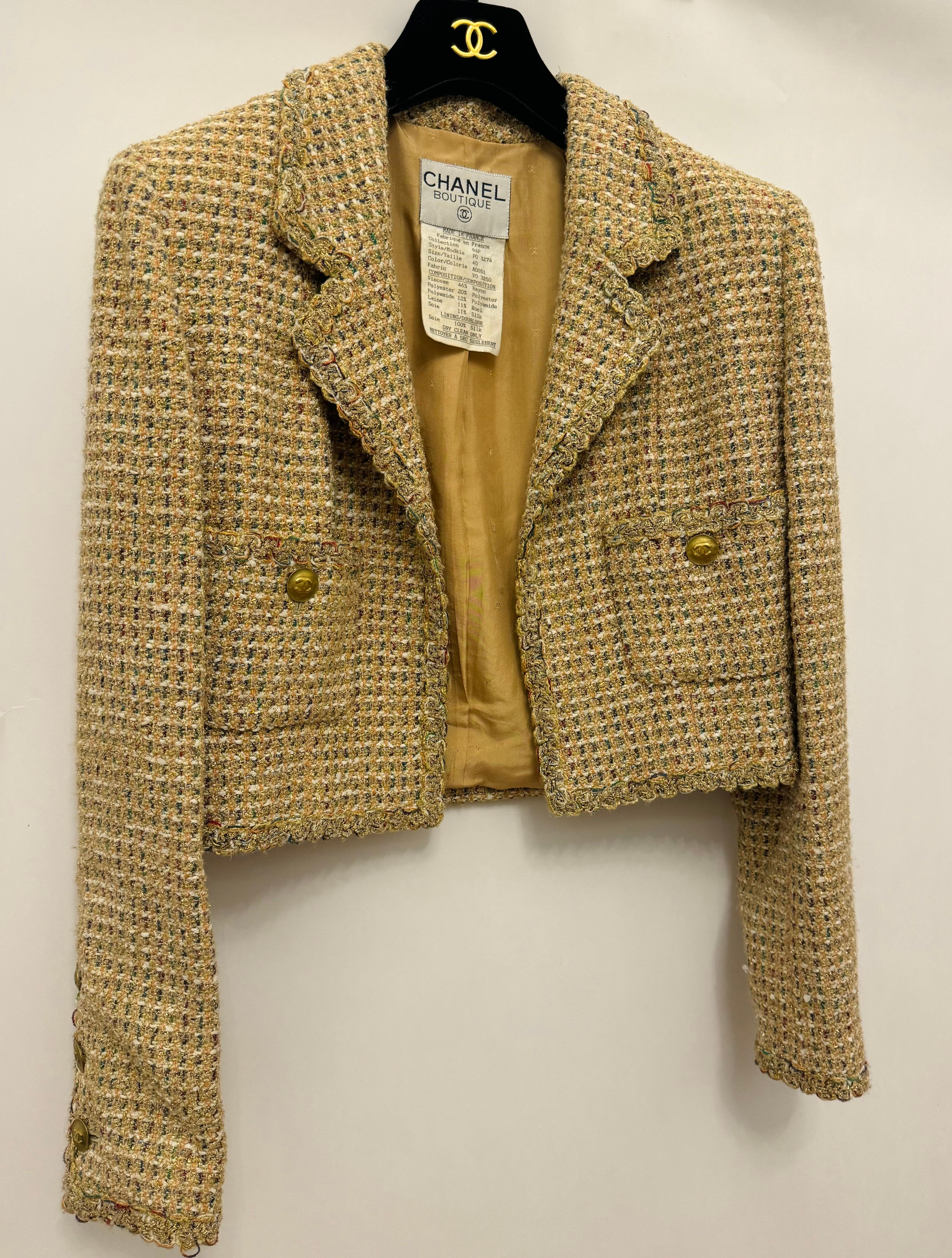 Chanel S/S 1994 fantaisie tweed or cropped jacket by Karl Lagerfeld en vente 5