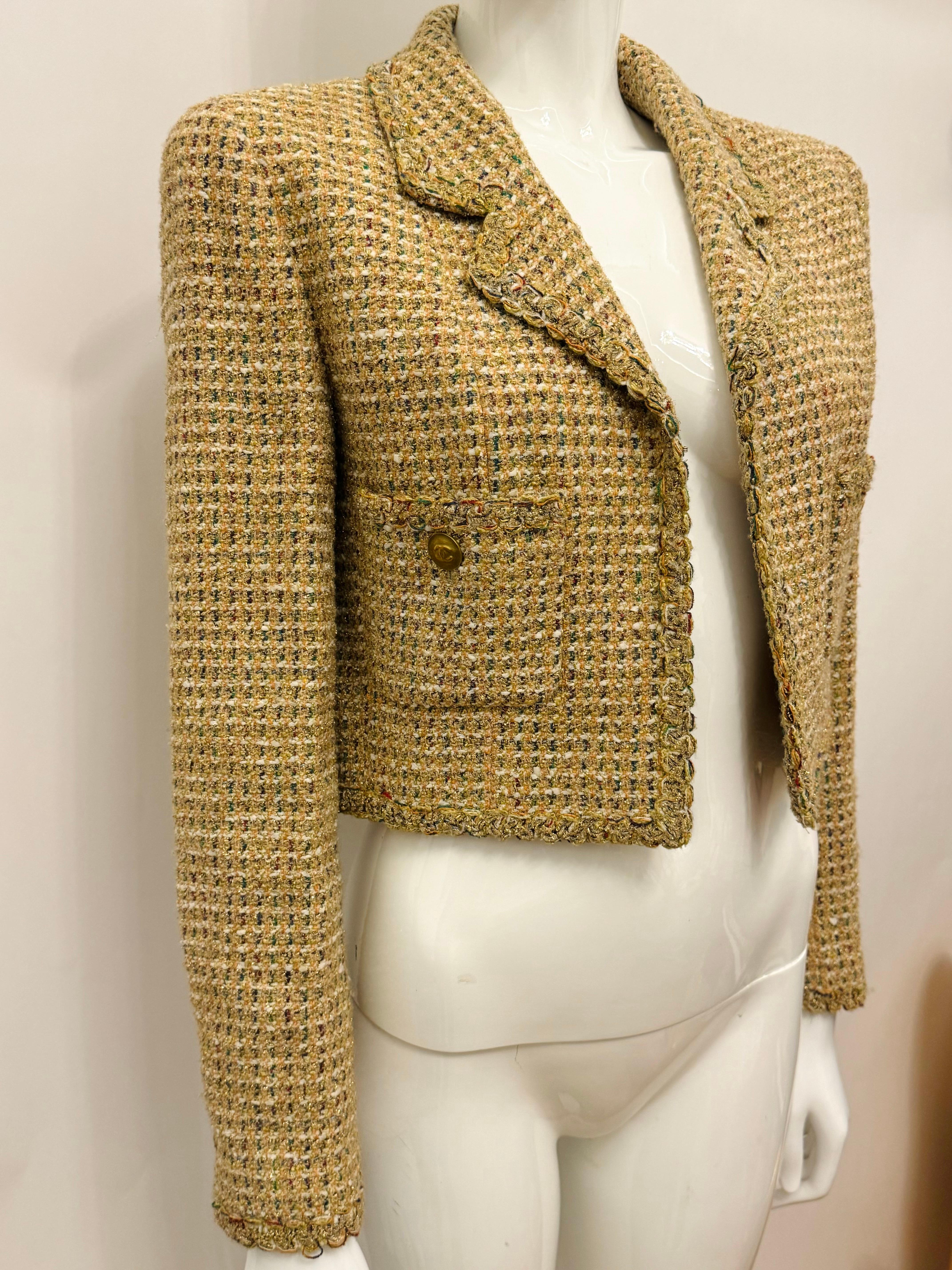 Chanel S/S 1994 fantaisie tweed or cropped jacket by Karl Lagerfeld en vente 10