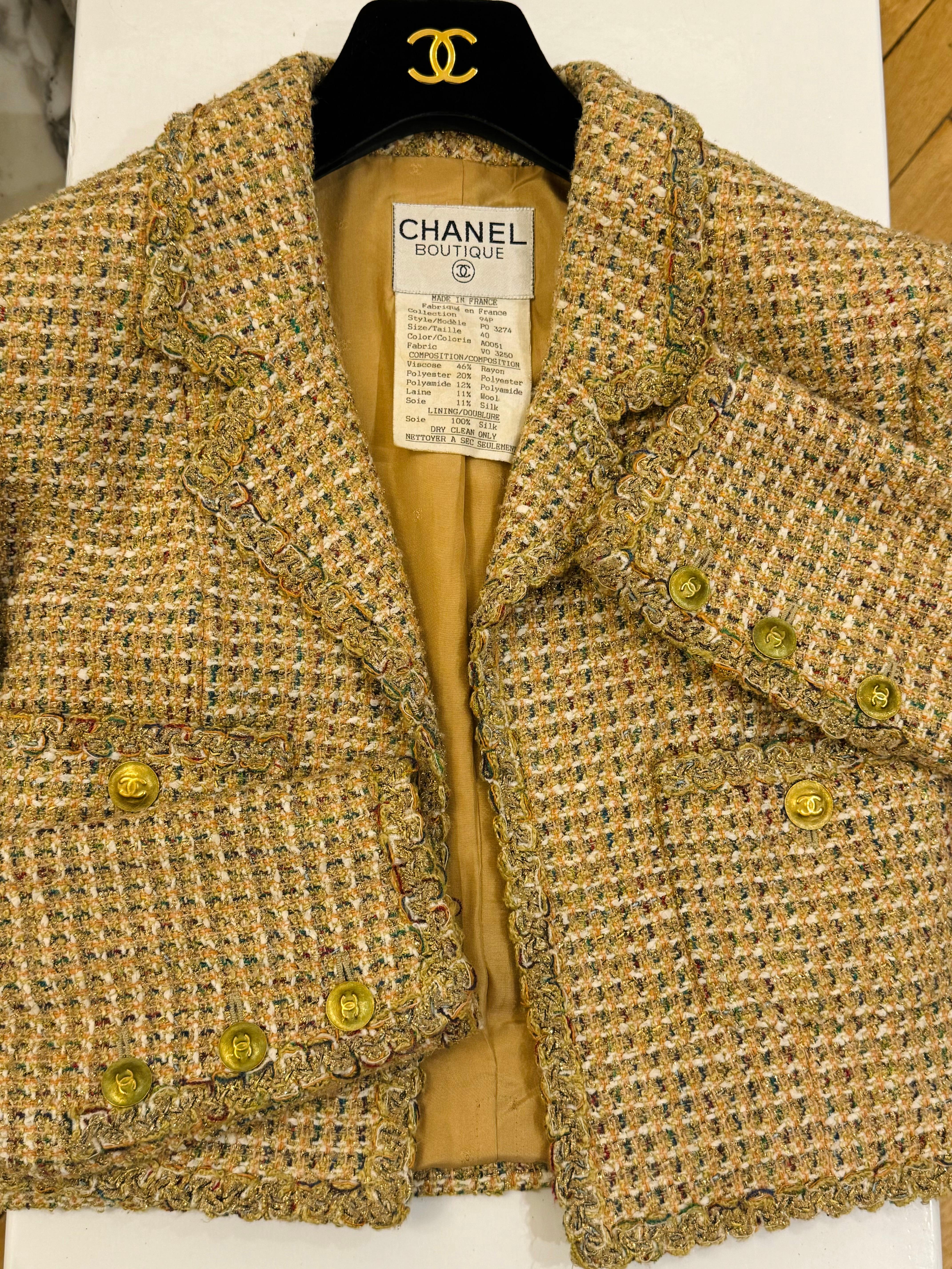 Chanel S/S 1994 fantaisie tweed or cropped jacket by Karl Lagerfeld en vente 3