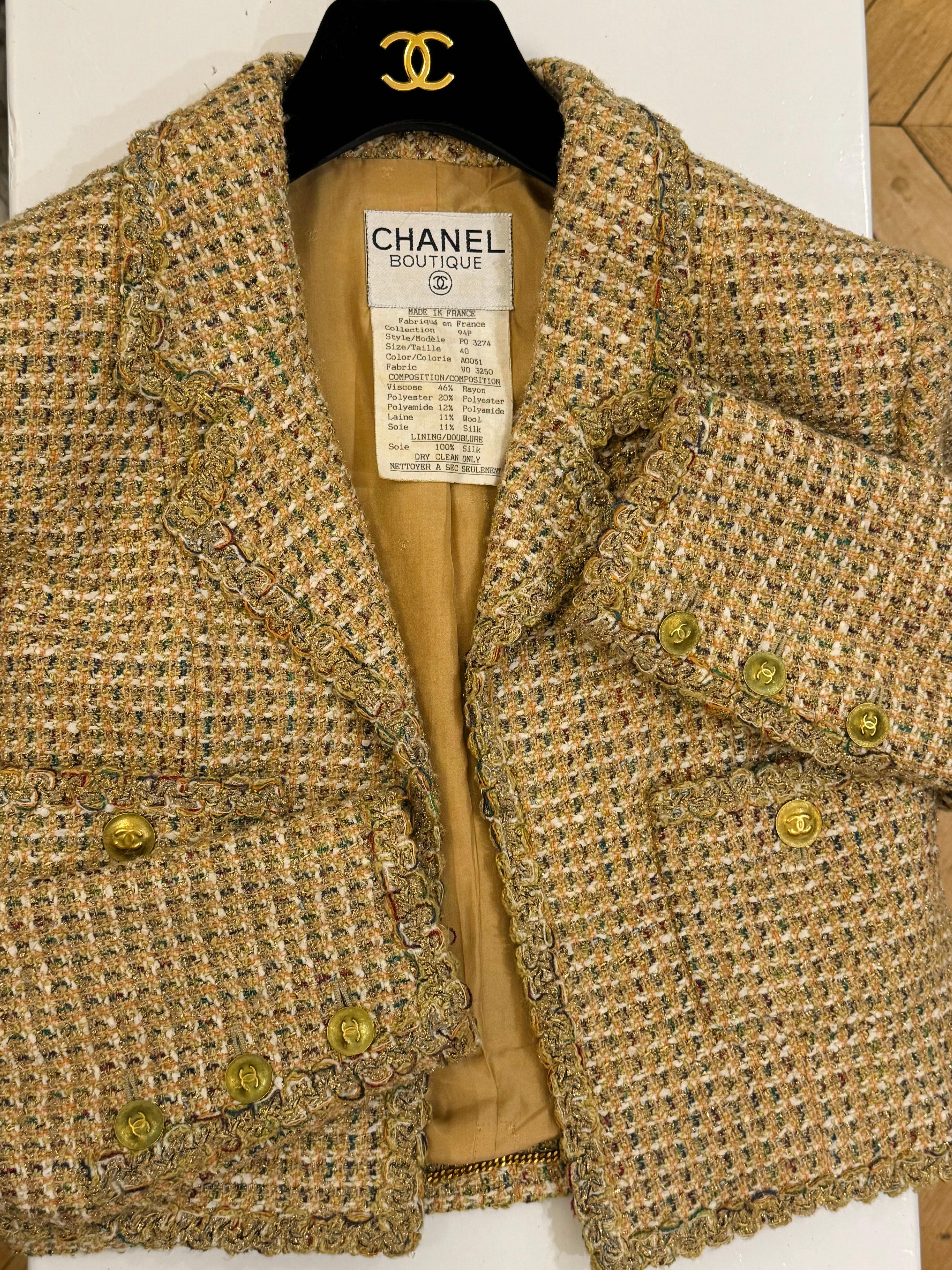 Chanel S/S 1994 fantaisie tweed or cropped jacket by Karl Lagerfeld en vente 4