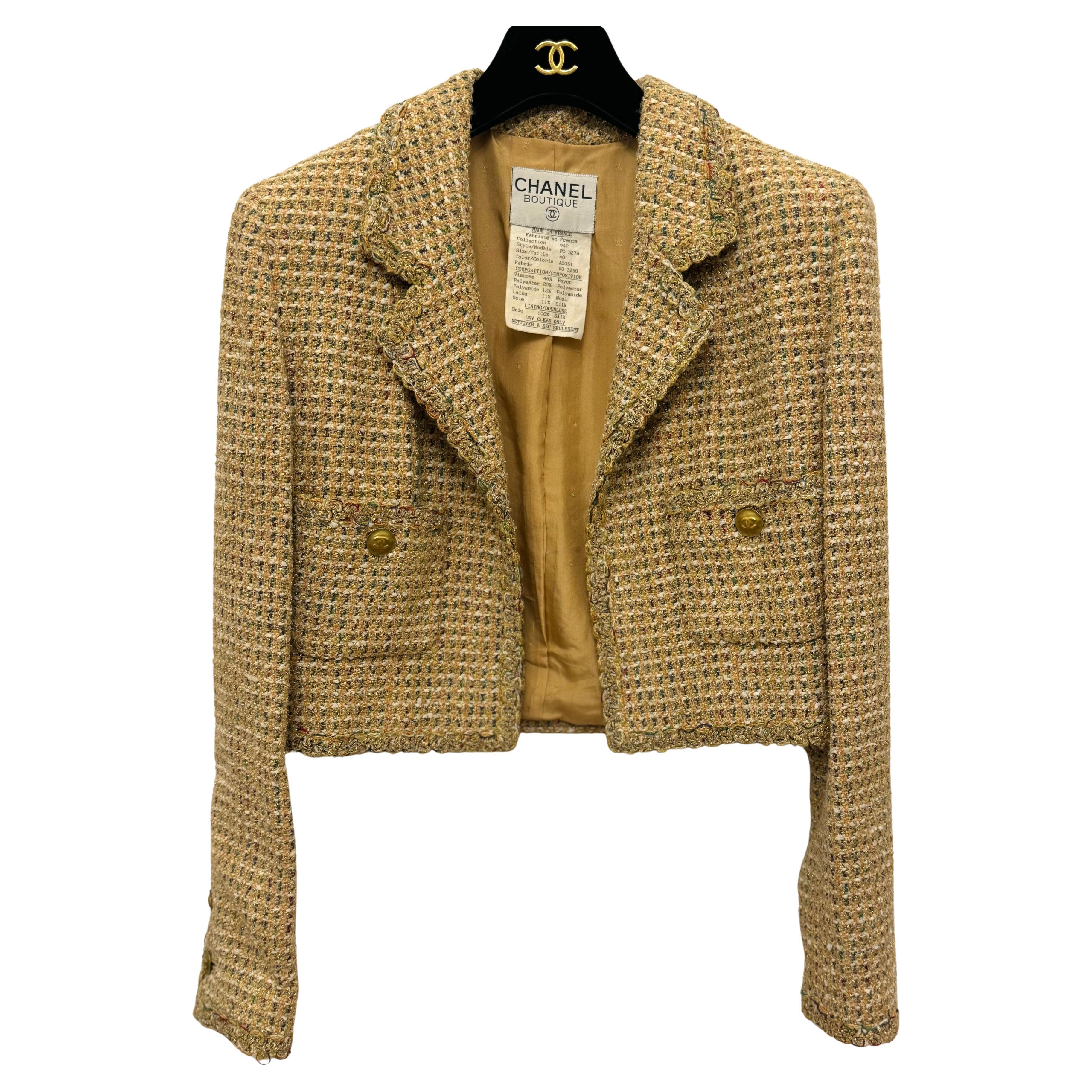 Chanel S/S 1994 fantasy tweed gold cropped jacket by Karl Lagerfeld