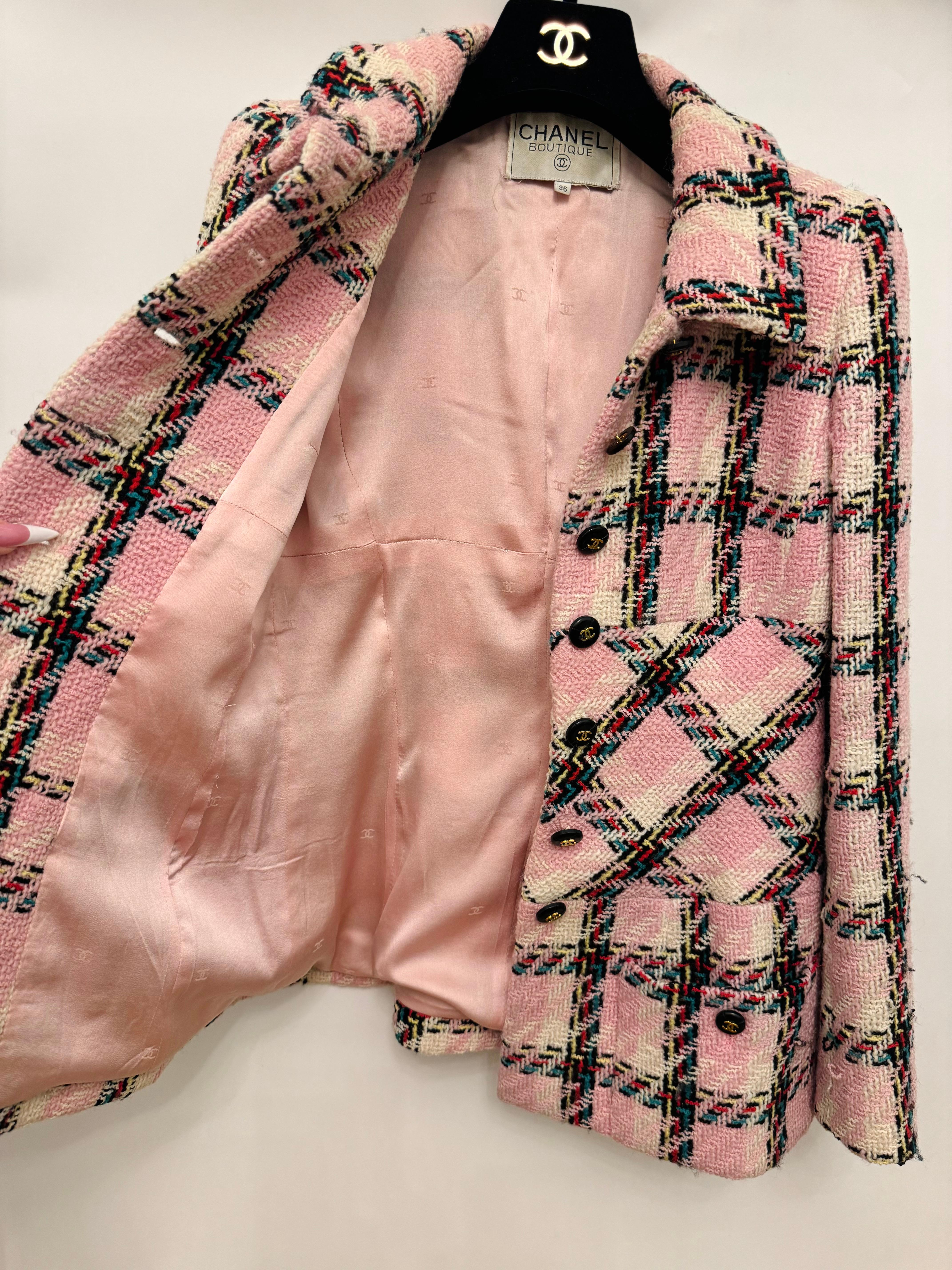 Chanel S/S 1995 Barbie Collection rare pink multicolor plaid tweed jacket in vendita 11
