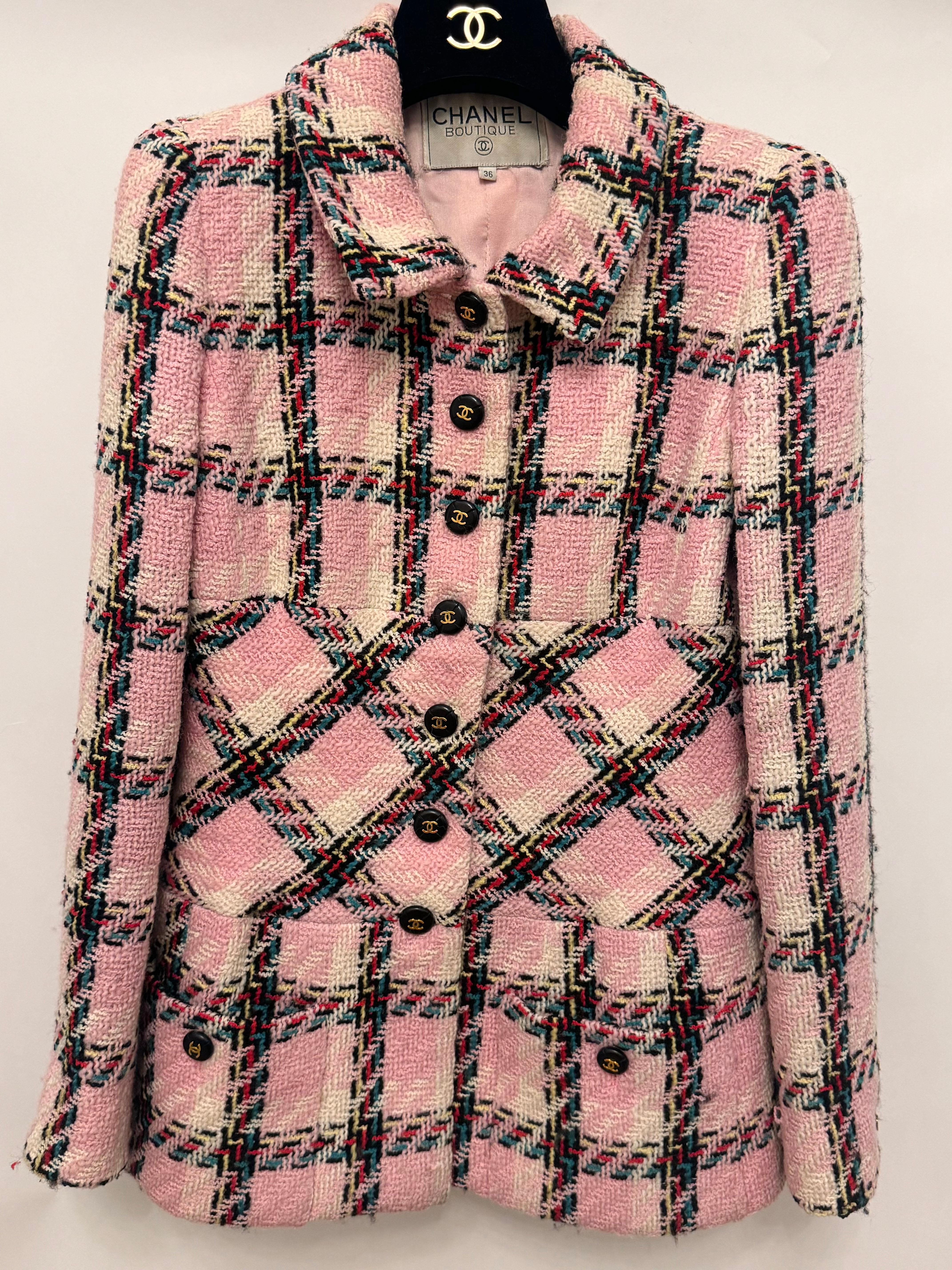 Chanel S/S 1995 Barbie Collection rare pink multicolor plaid tweed jacket in vendita 13