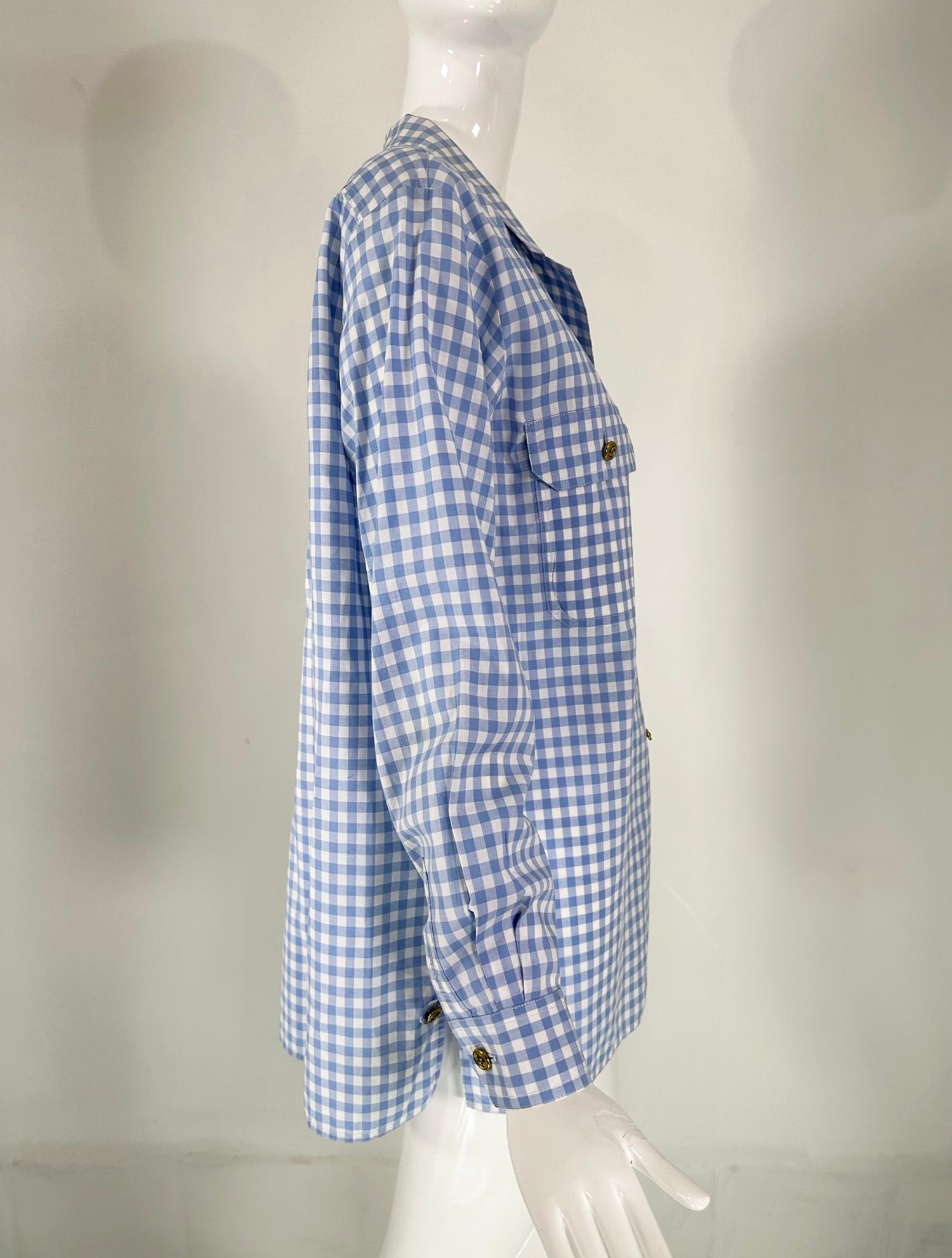 Chanel S/S 1995 Blue & White Cotton Check Long Sleeve Button Front Blouse 6