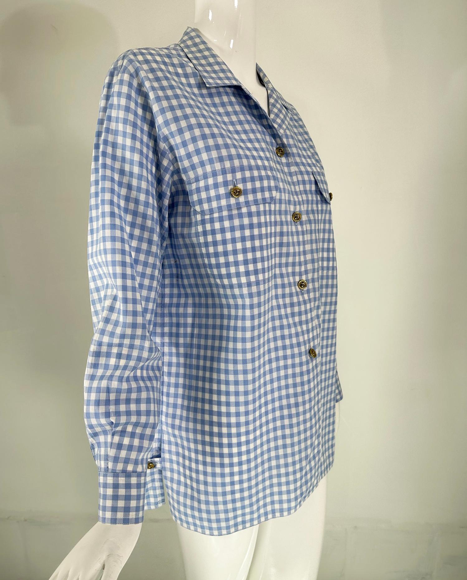 Chanel S/S 1995 Blue & White Cotton Check Long Sleeve Button Front Blouse 7