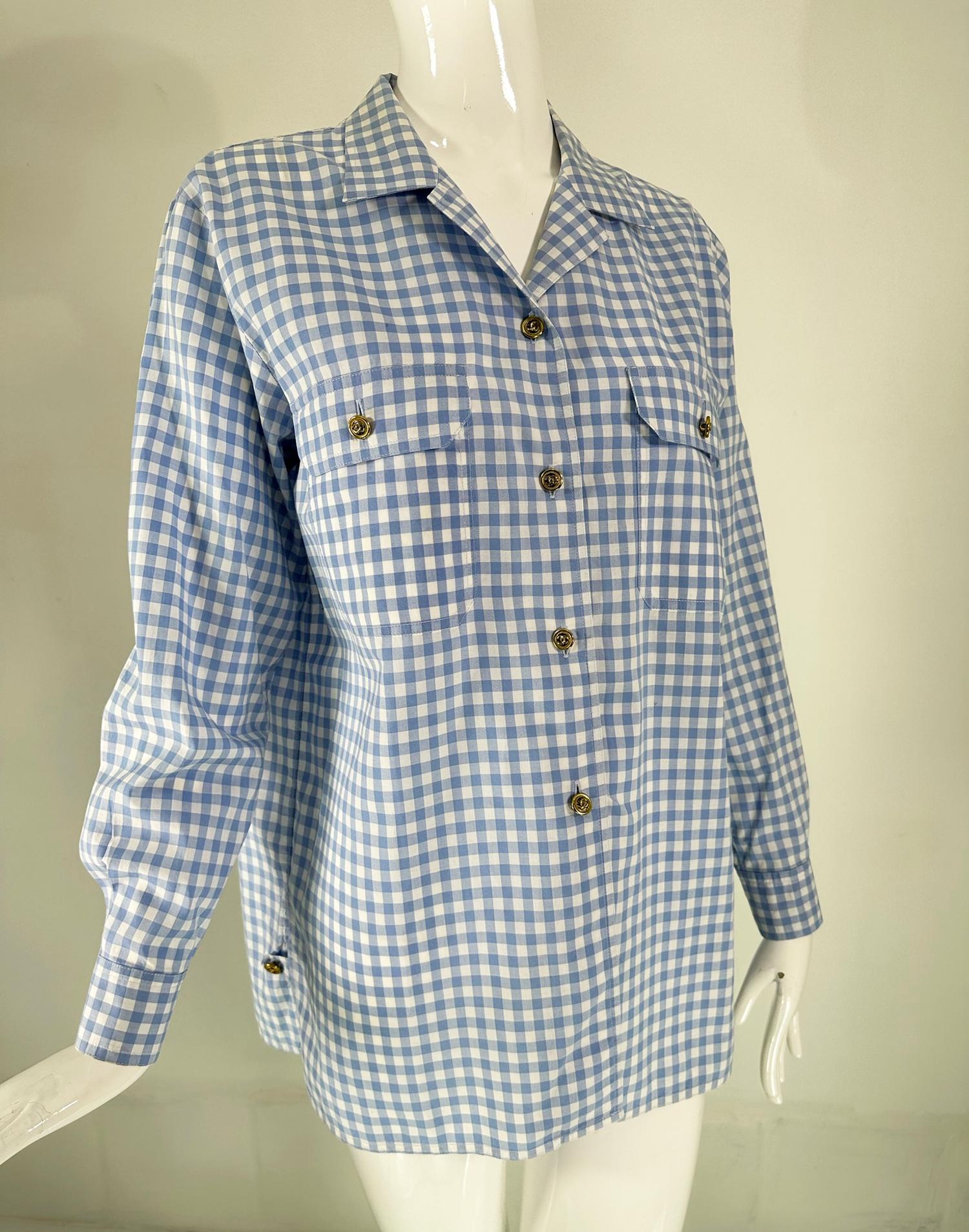 Chanel S/S 1995 Blue & White Cotton Check Long Sleeve Button Front Blouse 8