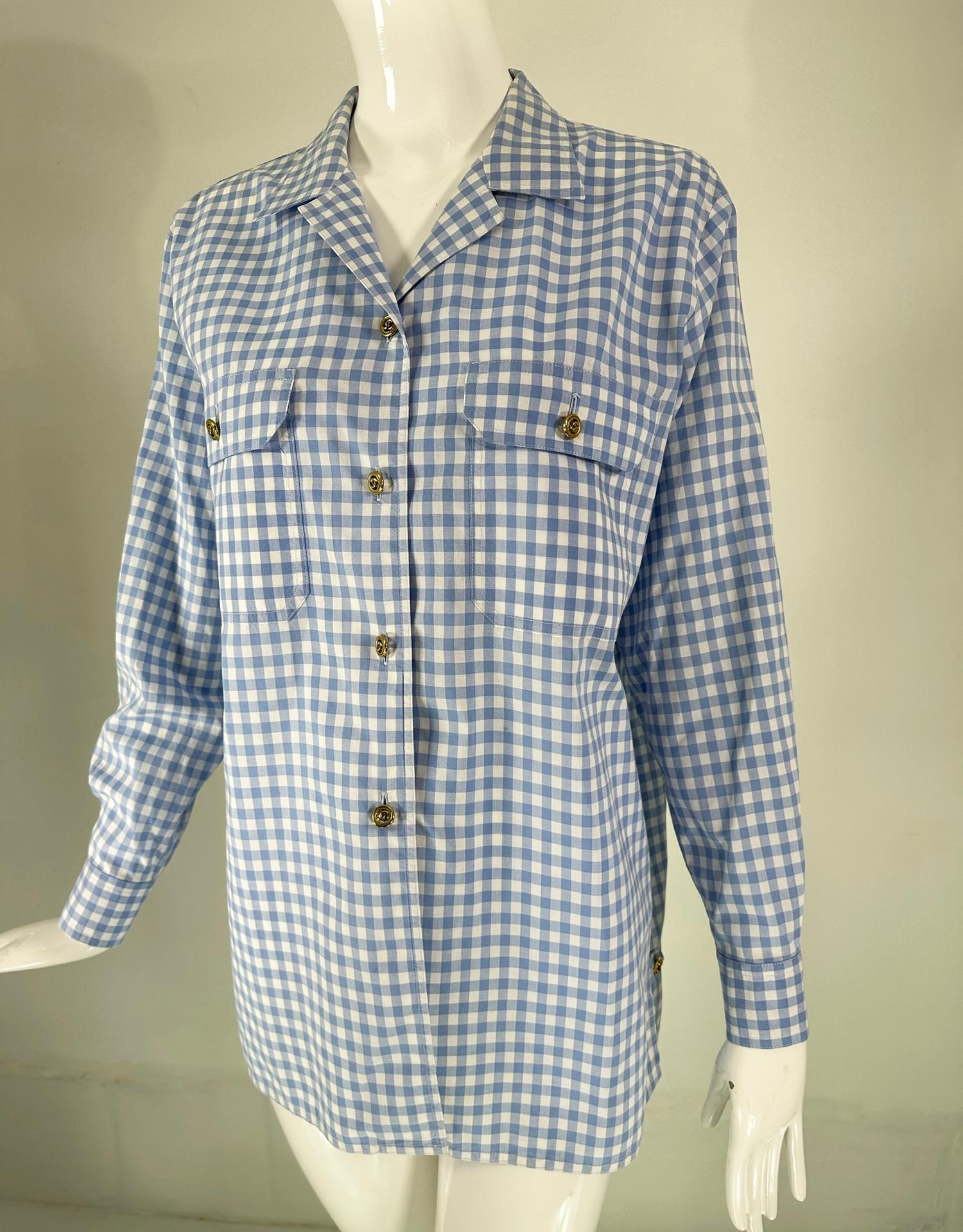 Chanel S/S 1995 Blue & White Cotton Check Long Sleeve Button Front Blouse 9
