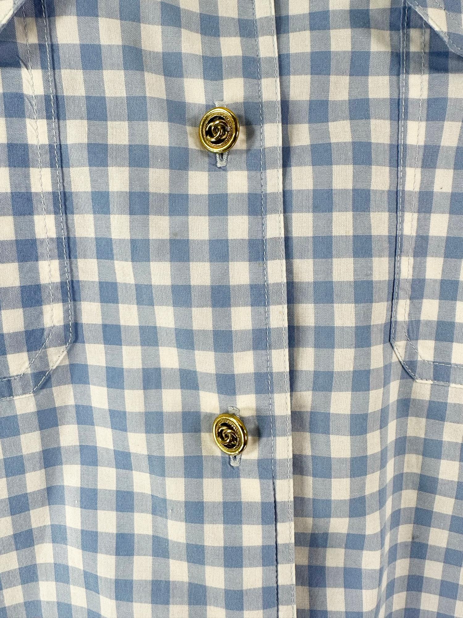 Chanel S/S 1995 Blue & White Cotton Check Long Sleeve Button Front Blouse 11