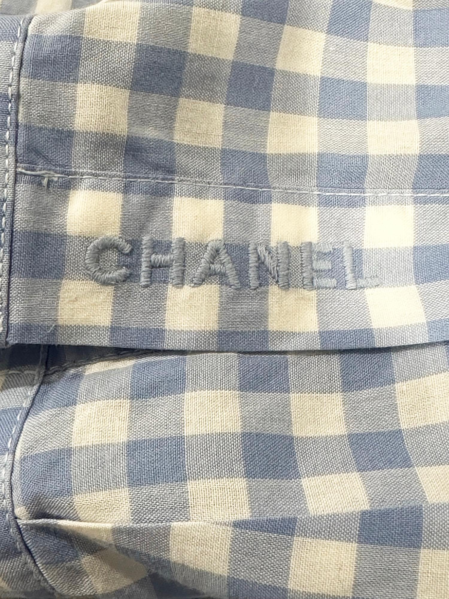 Chanel S/S 1995 Blue & White Cotton Check Long Sleeve Button Front Blouse 15
