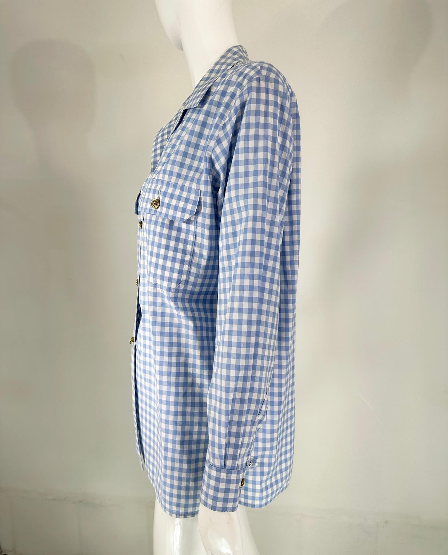 Chanel S/S 1995 Blue & White Cotton Check Long Sleeve Button Front Blouse In Good Condition In West Palm Beach, FL