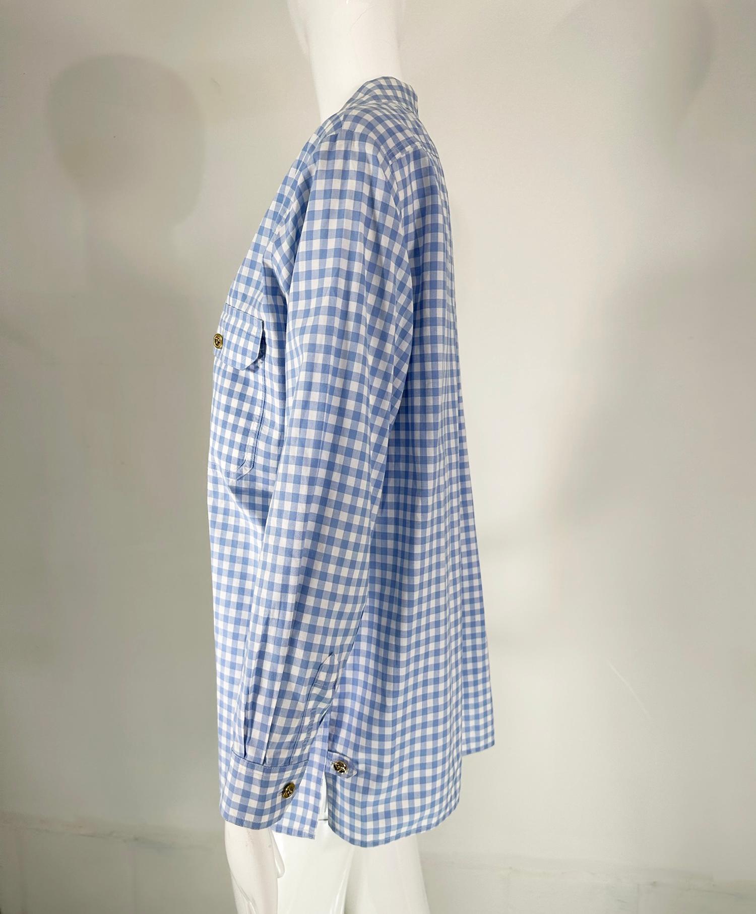 Women's Chanel S/S 1995 Blue & White Cotton Check Long Sleeve Button Front Blouse