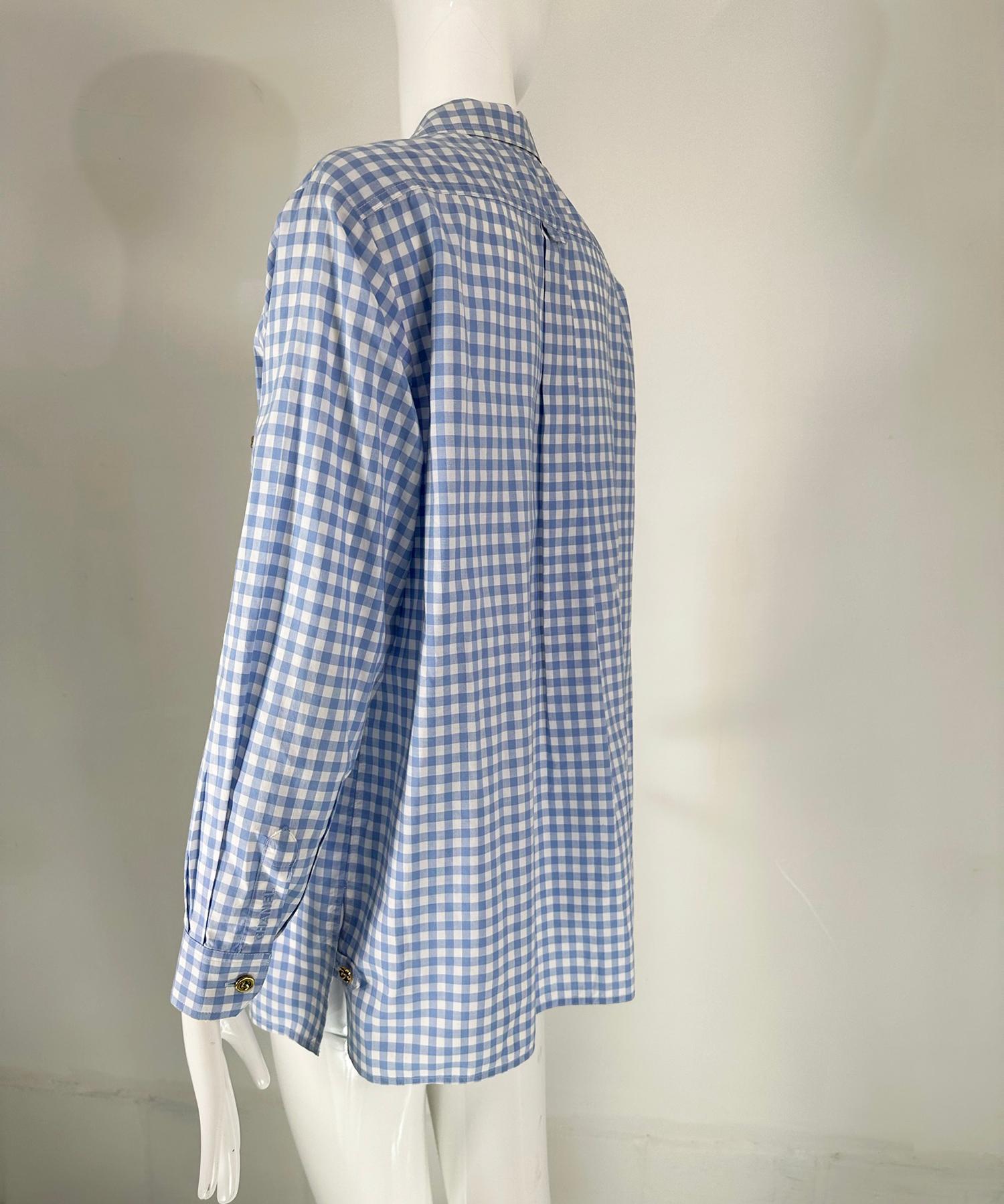 Chanel S/S 1995 Blue & White Cotton Check Long Sleeve Button Front Blouse 1