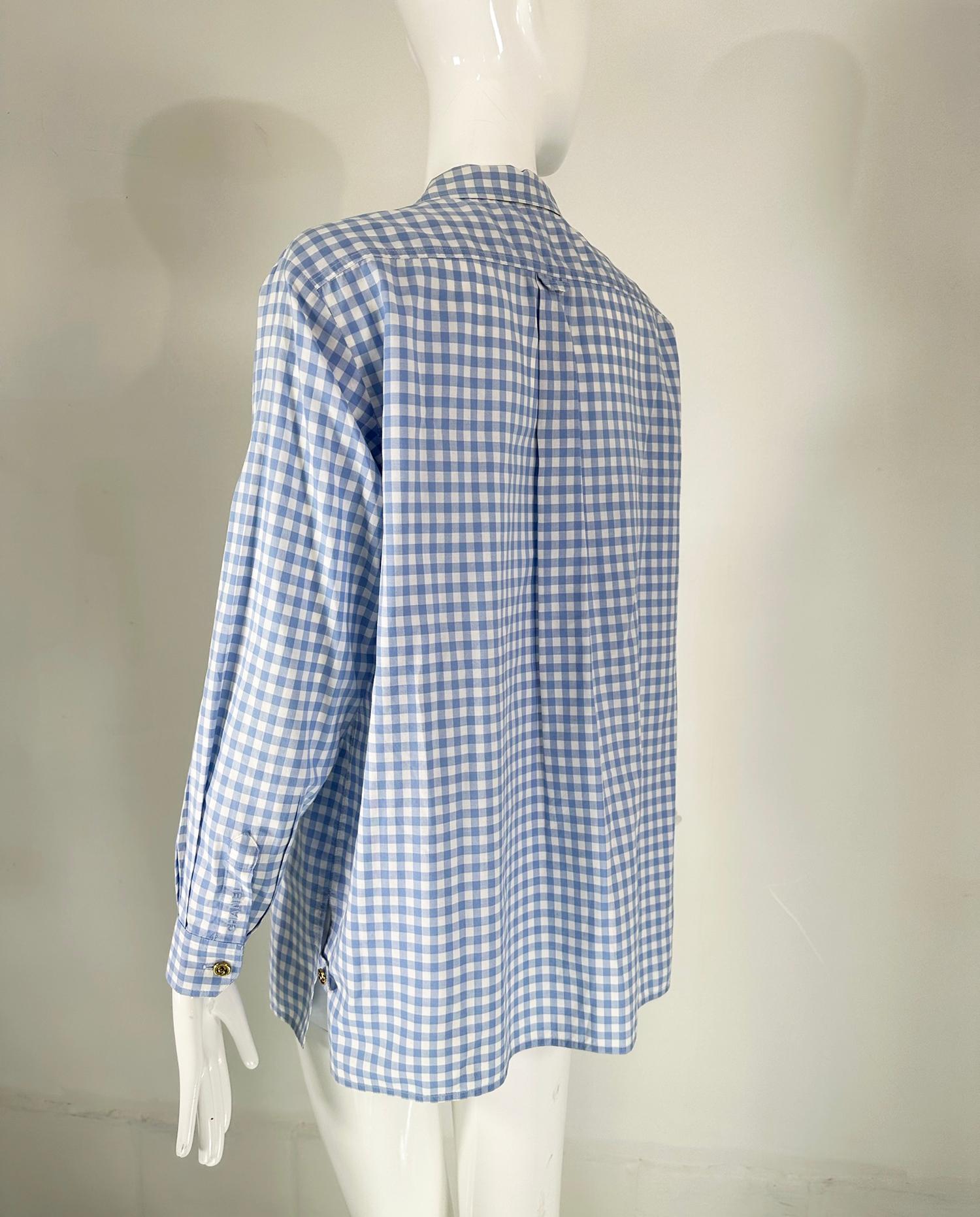 Chanel S/S 1995 Blue & White Cotton Check Long Sleeve Button Front Blouse 2