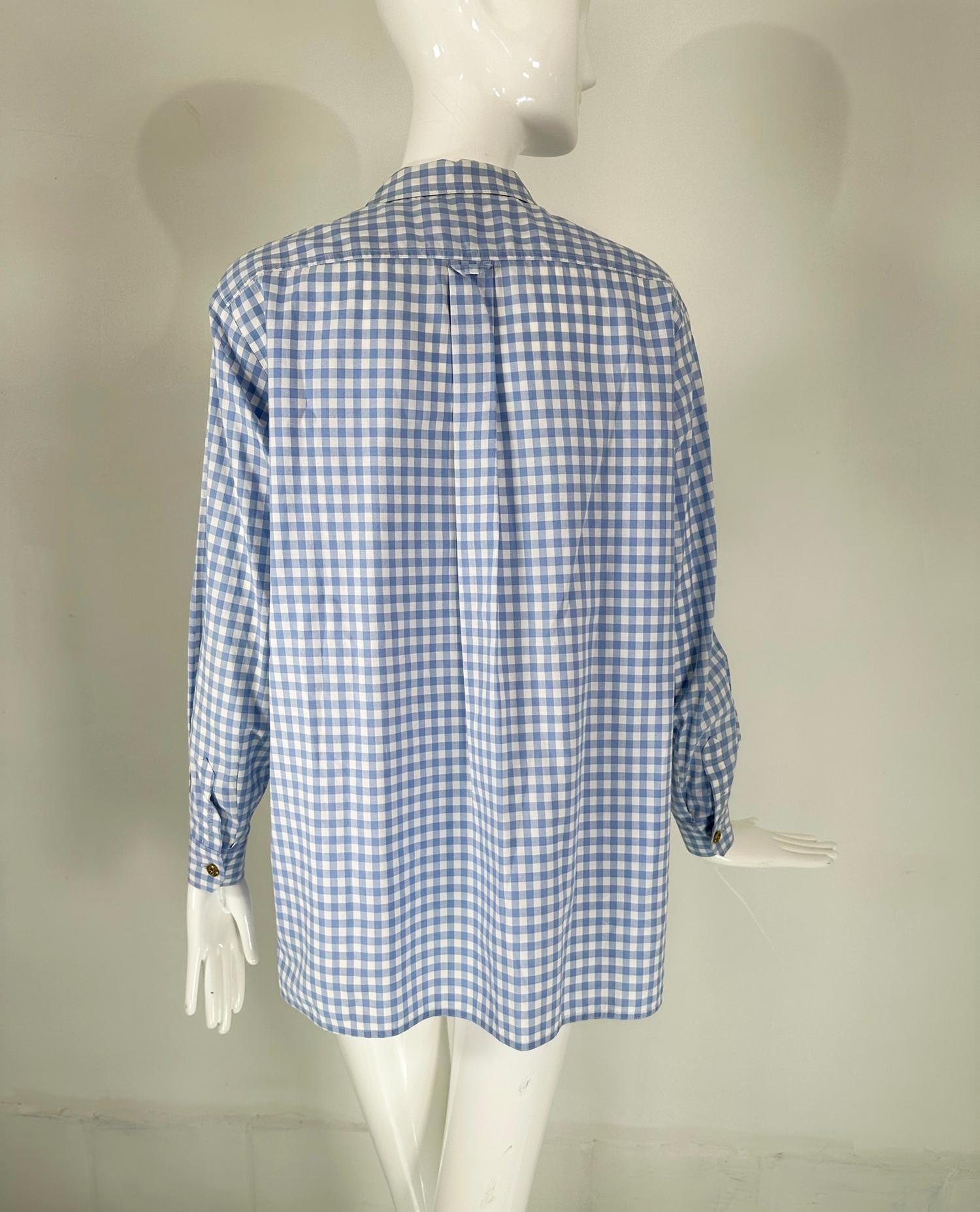 Chanel S/S 1995 Blue & White Cotton Check Long Sleeve Button Front Blouse 3