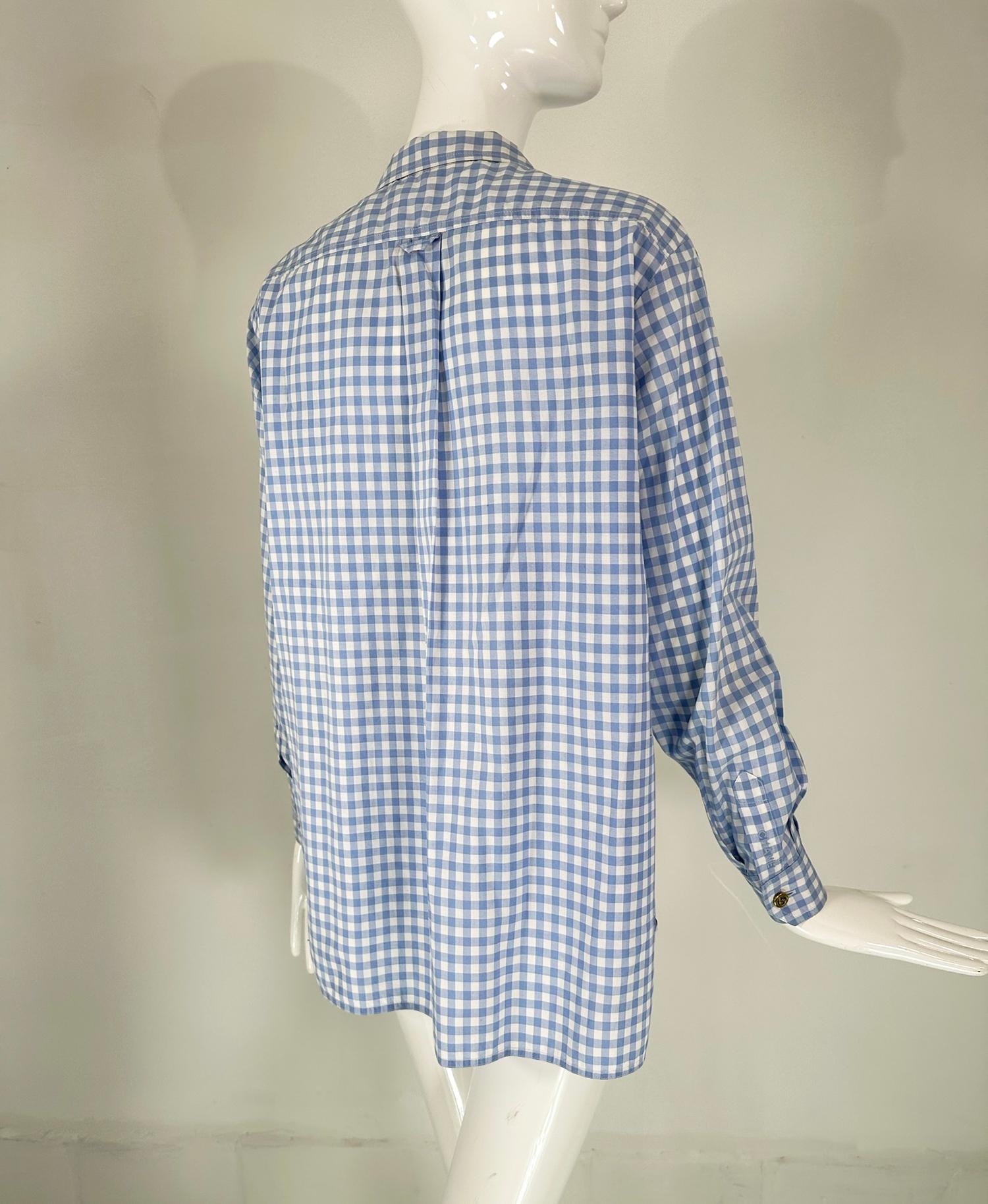 Chanel S/S 1995 Blue & White Cotton Check Long Sleeve Button Front Blouse 4
