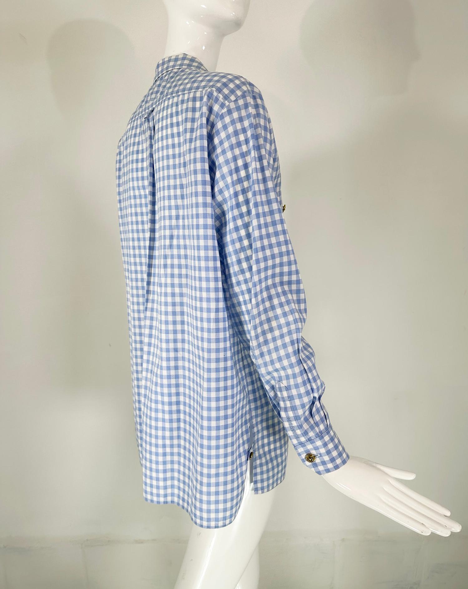 Chanel S/S 1995 Blue & White Cotton Check Long Sleeve Button Front Blouse 5