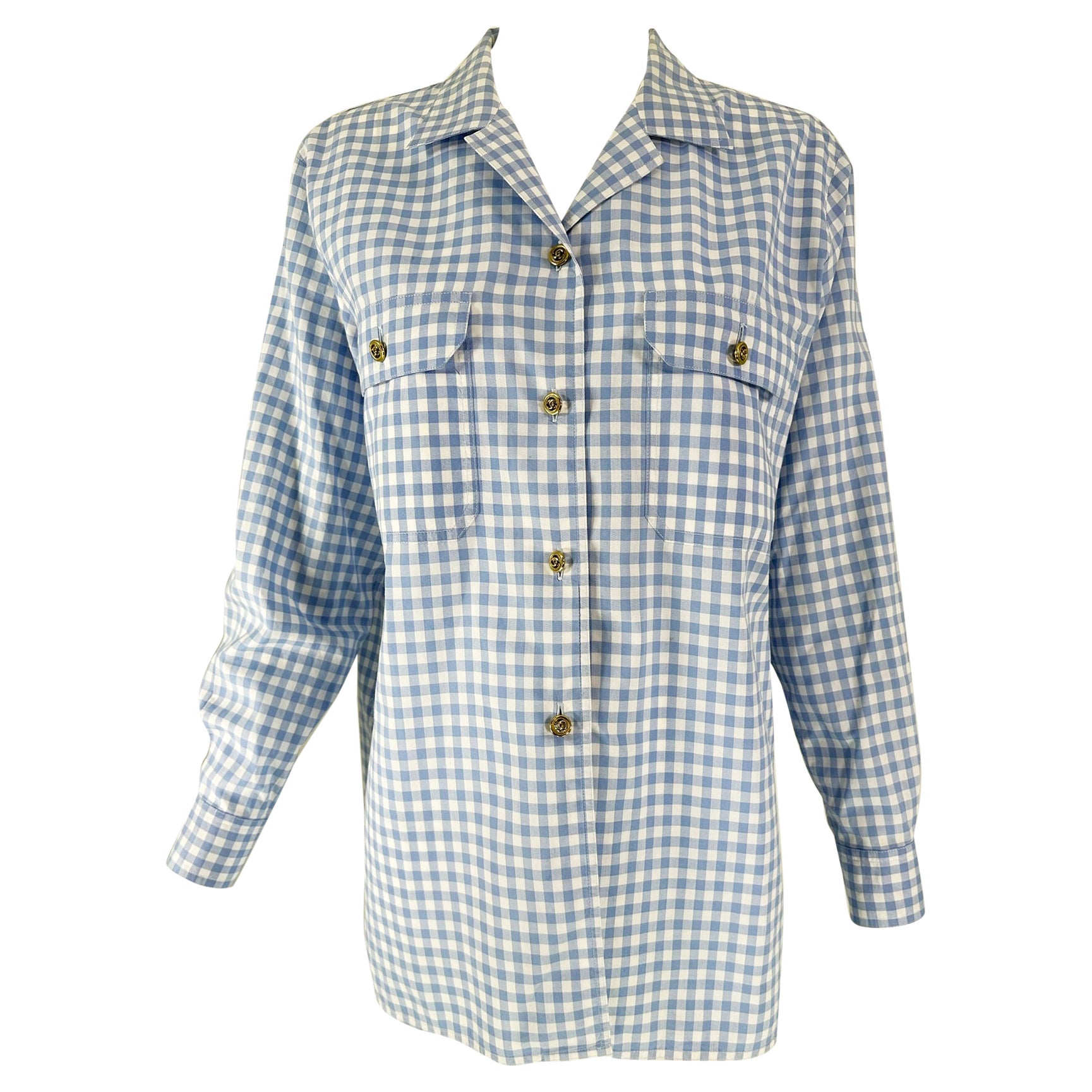 Chanel S/S 1995 Blue 
White Cotton Check Long Sleeve Button Front Blouse