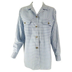 Chanel S/S 1995 Blue & White Cotton Check Long Sleeve Button Front Blouse