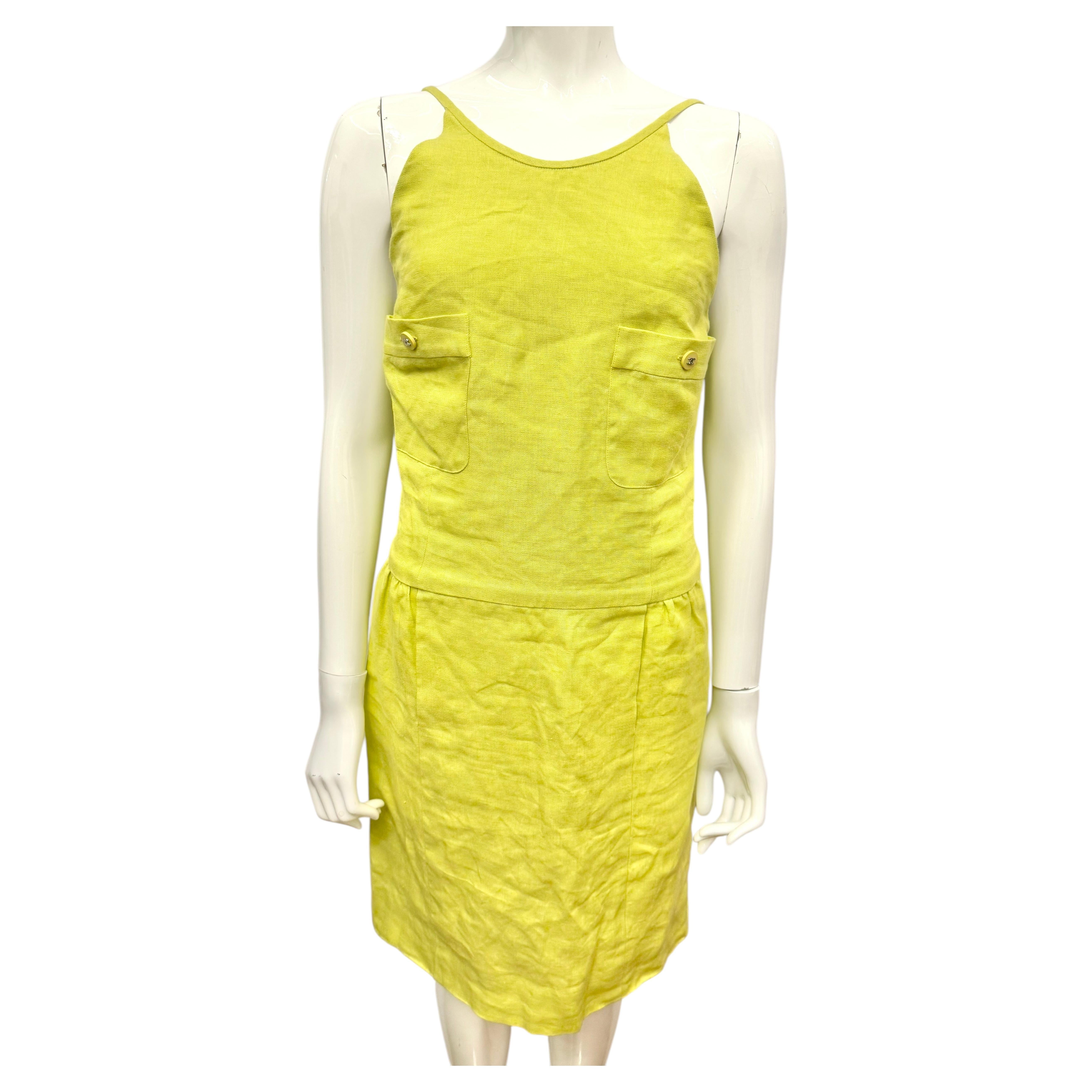 Chanel S/S 1996 yellow lime linen runway dress by Karl Lagerfeld