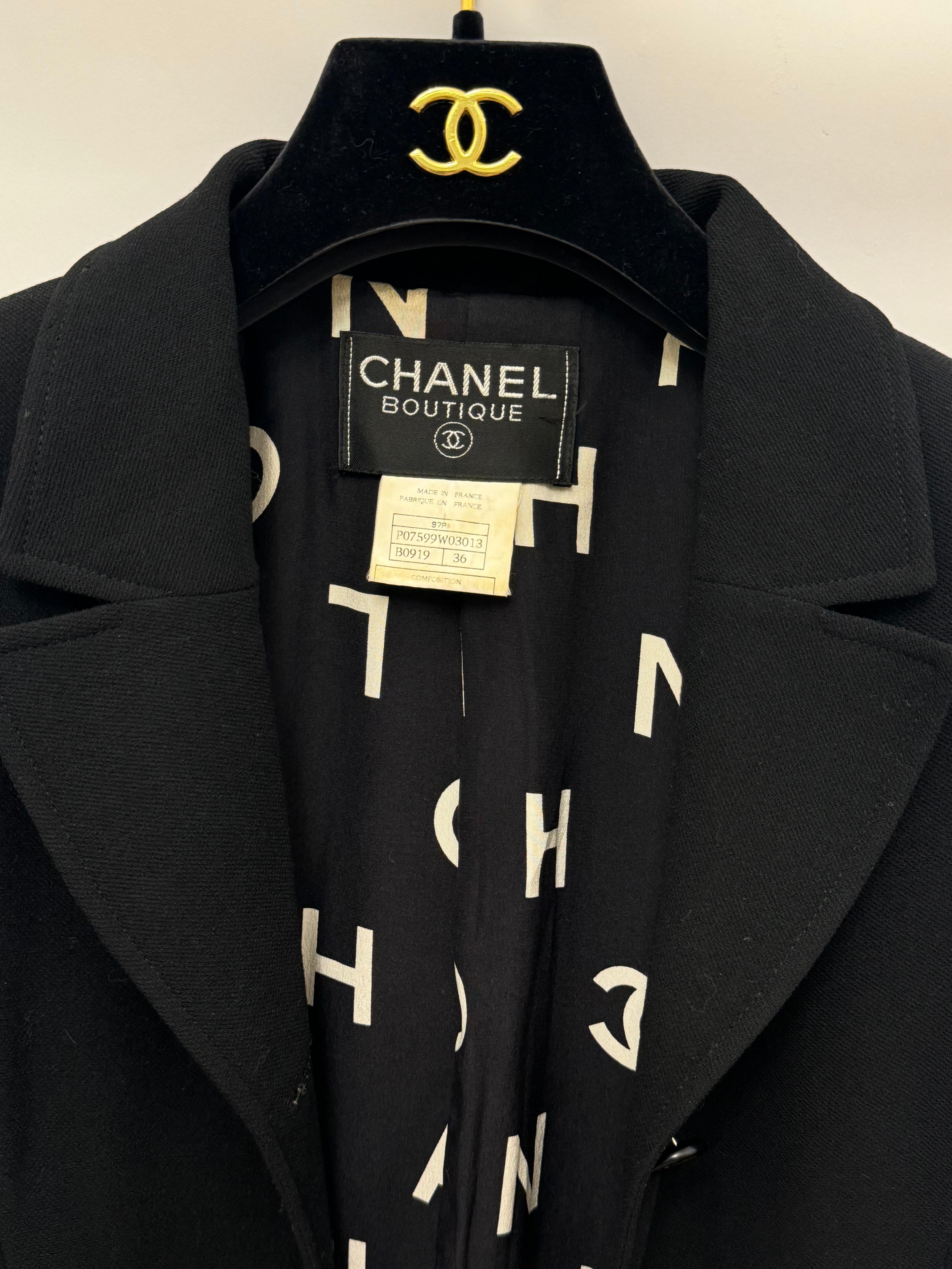 Black Chanel S/S 1997 Alpha Logo Coco Print lining black jacket by Karl Lagerfeld