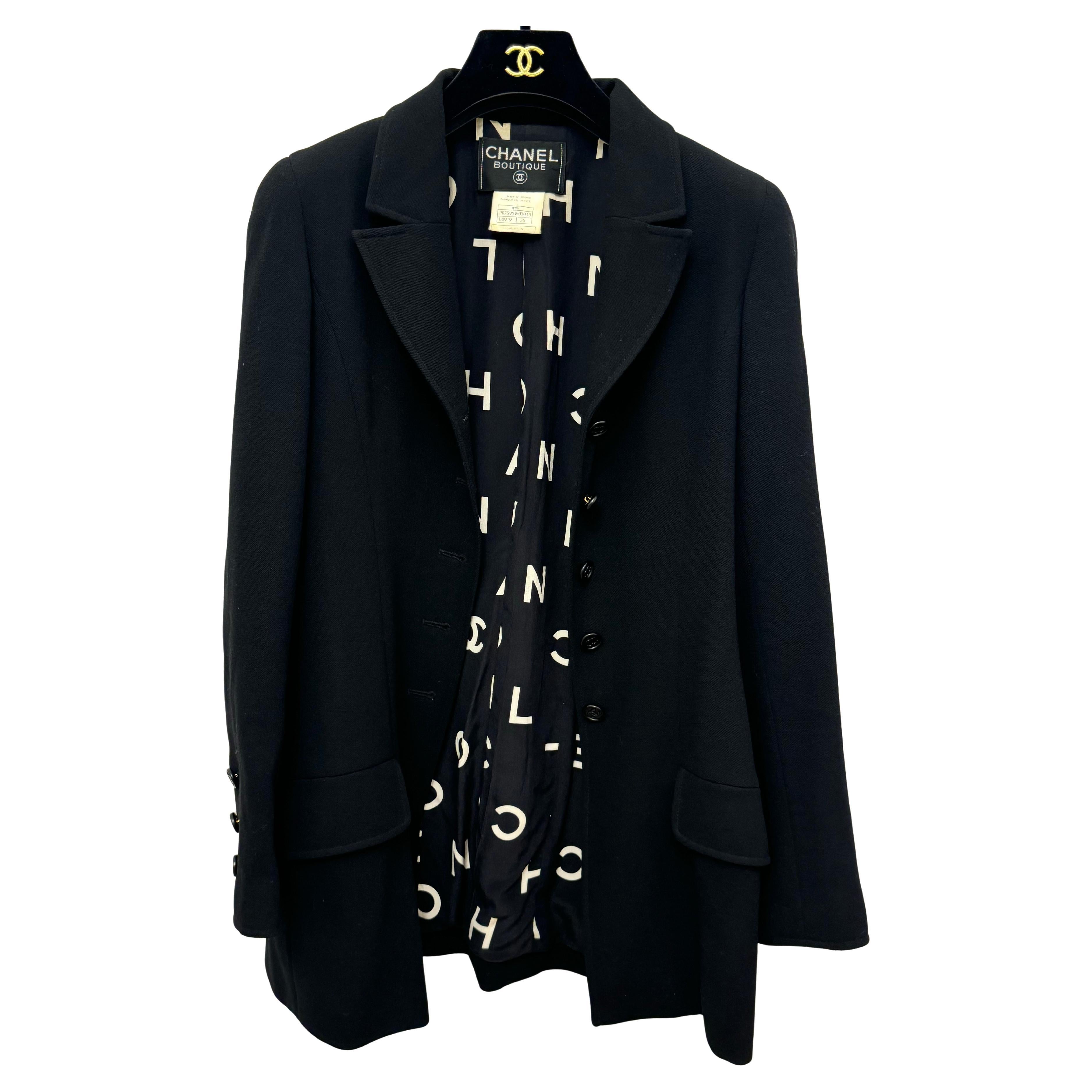 Chanel S/S 1997 Alpha Logo Coco Print lining black jacket by Karl Lagerfeld