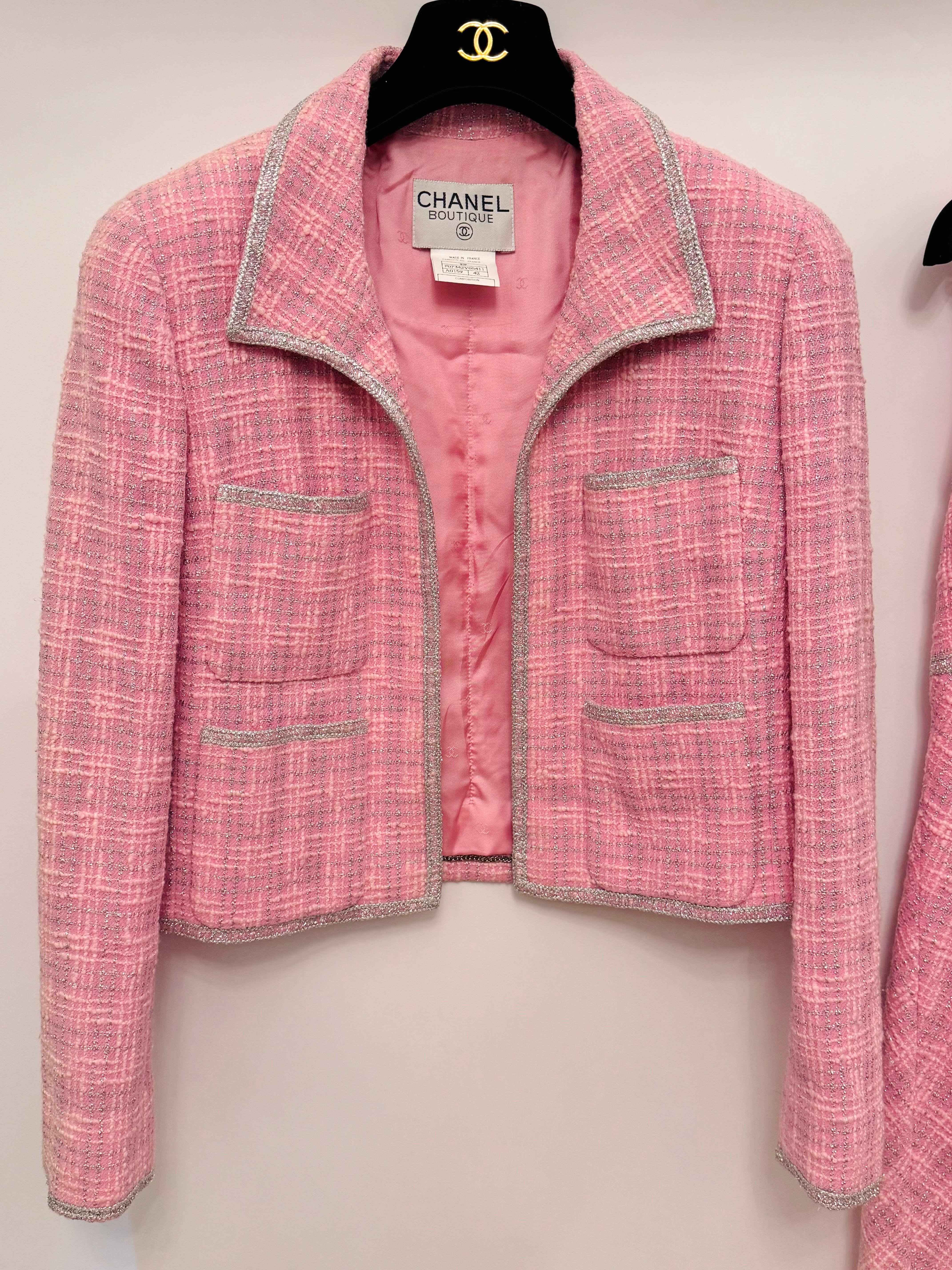 Chanel S/S 1997 fantaisie tweed rose argent lurex Veste et robe en vente 2