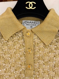 Chanel S/S 1997 knit gold runway crop top lucite CC logo buttons