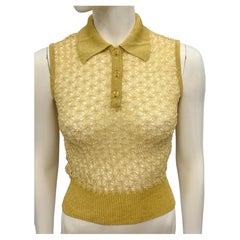 Chanel S/S 1997 knit gold runway crop top lucite CC logo buttons