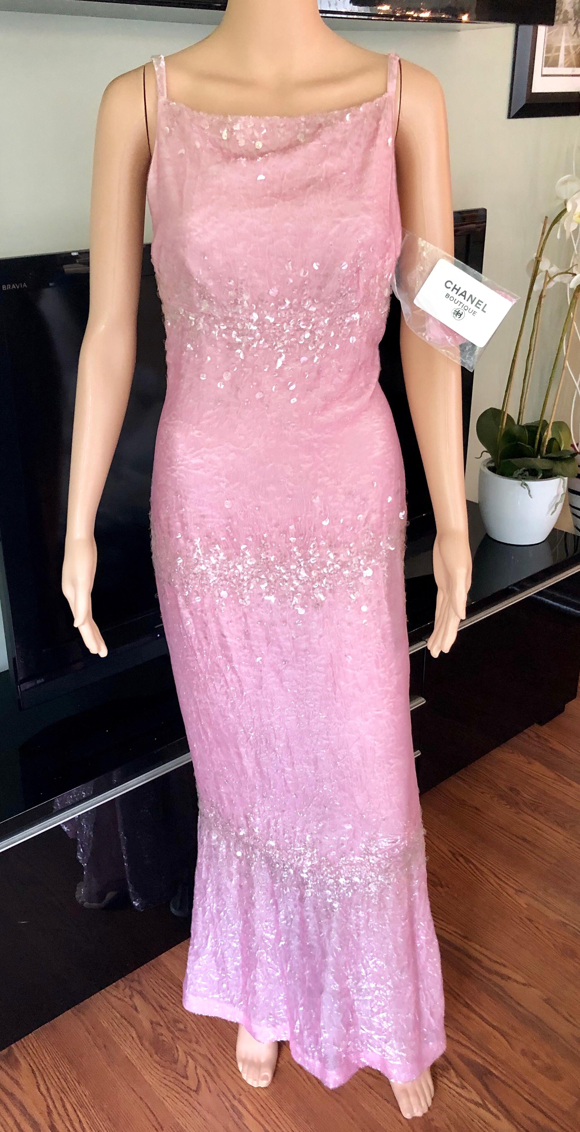 Pink Chanel velvet maxi dress with square neckline, low back, embellishments throughout and concealed zip closure at back. From the Spring 1997 Collection. 
