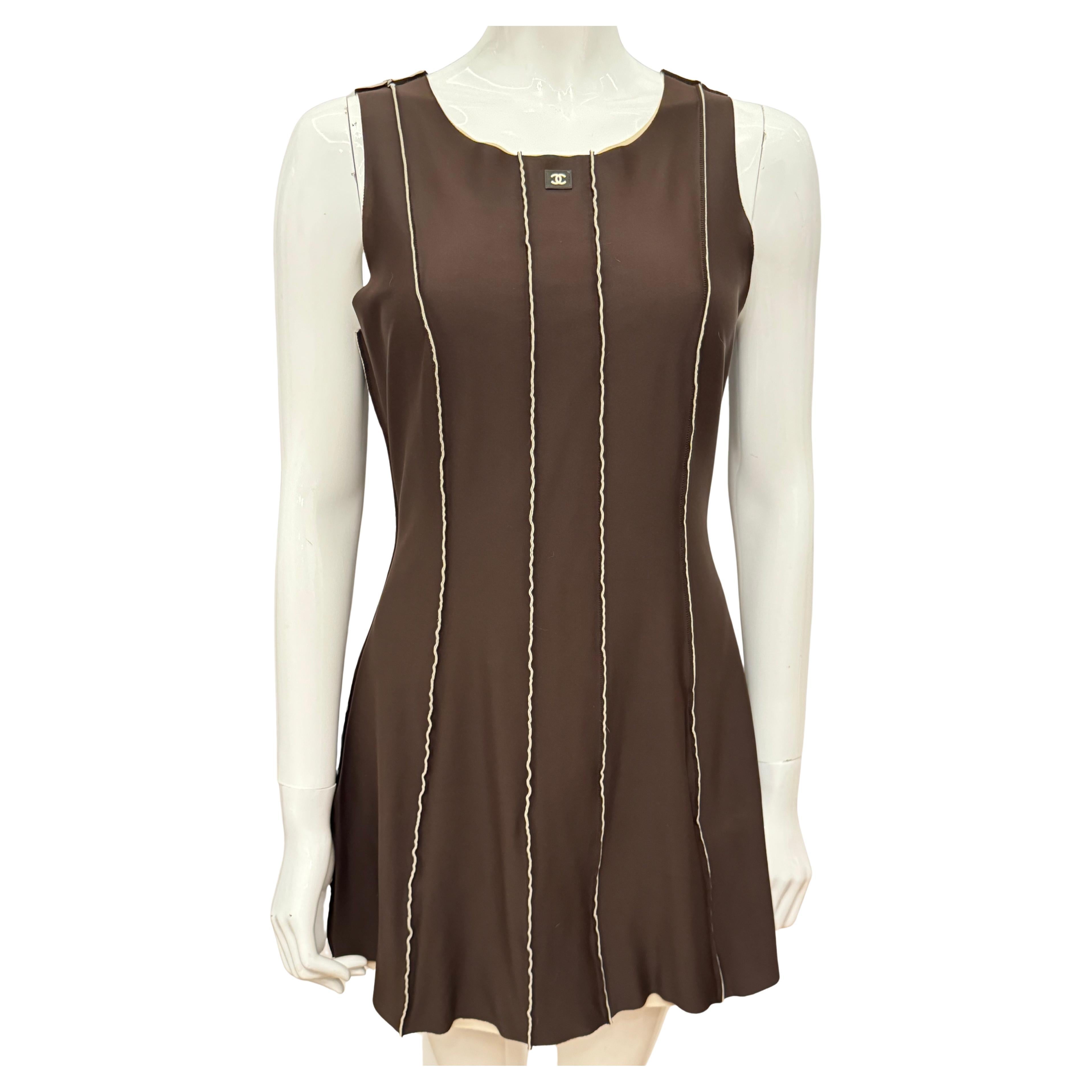 Chanel S/S 1999 brown coco mark logo neoprene dress as seen on Hailey Bieber
