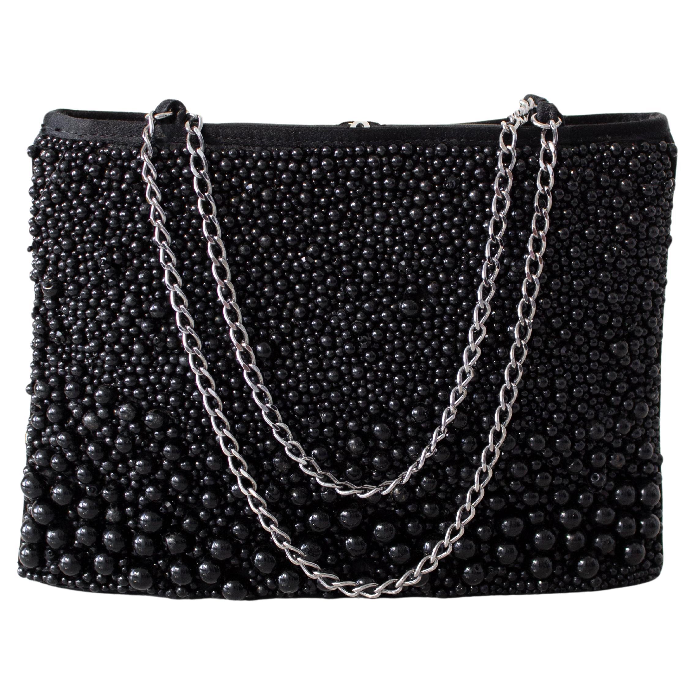 Chanel S/S 2001 Act I Soiree Ligne Black Pearl Silk CC Ruthenium Metal 01P Bag For Sale