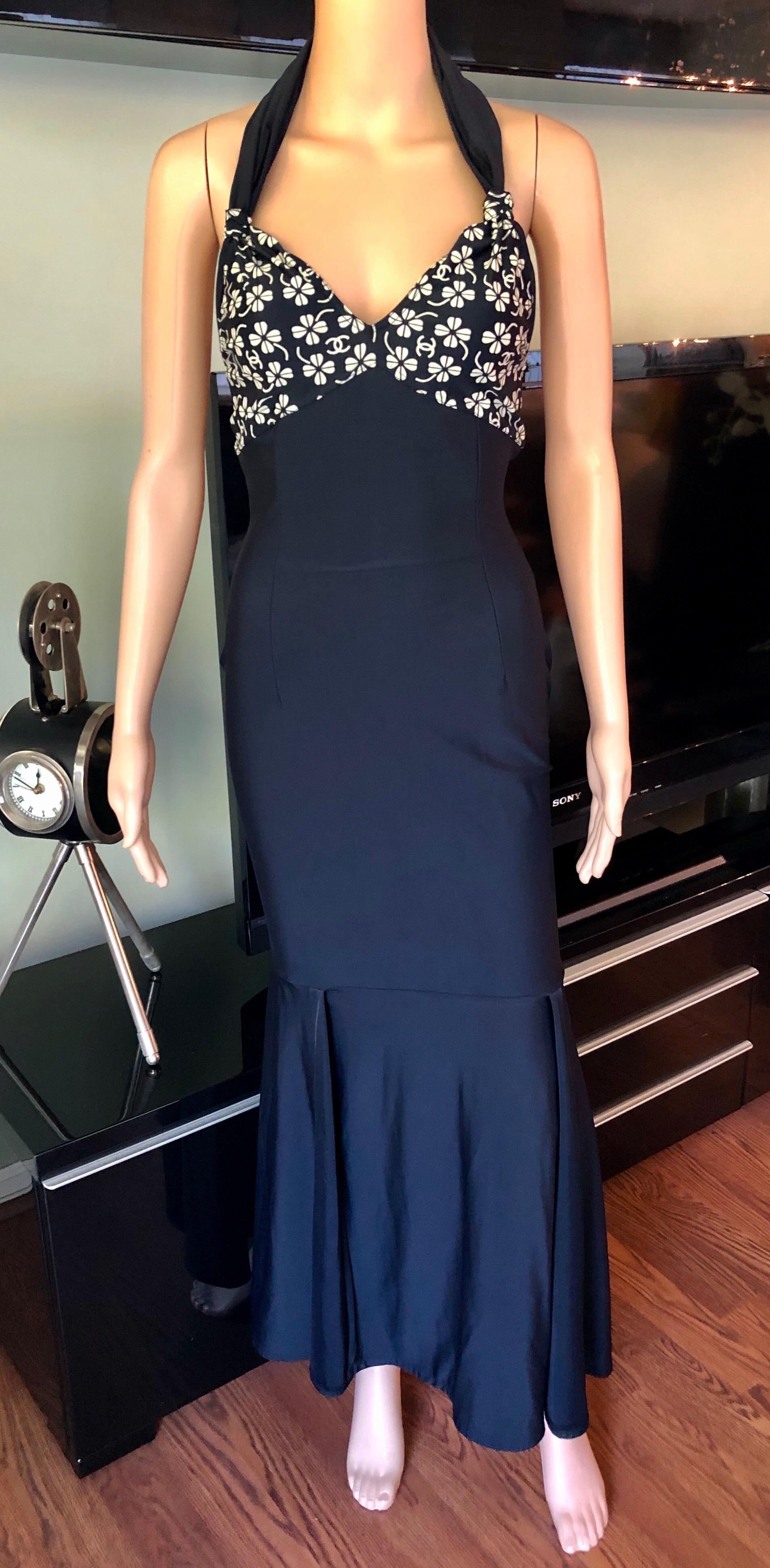 Chanel S/S 2001 CC Logo Clover Halter Open Back Maxi Dress In Good Condition For Sale In Naples, FL