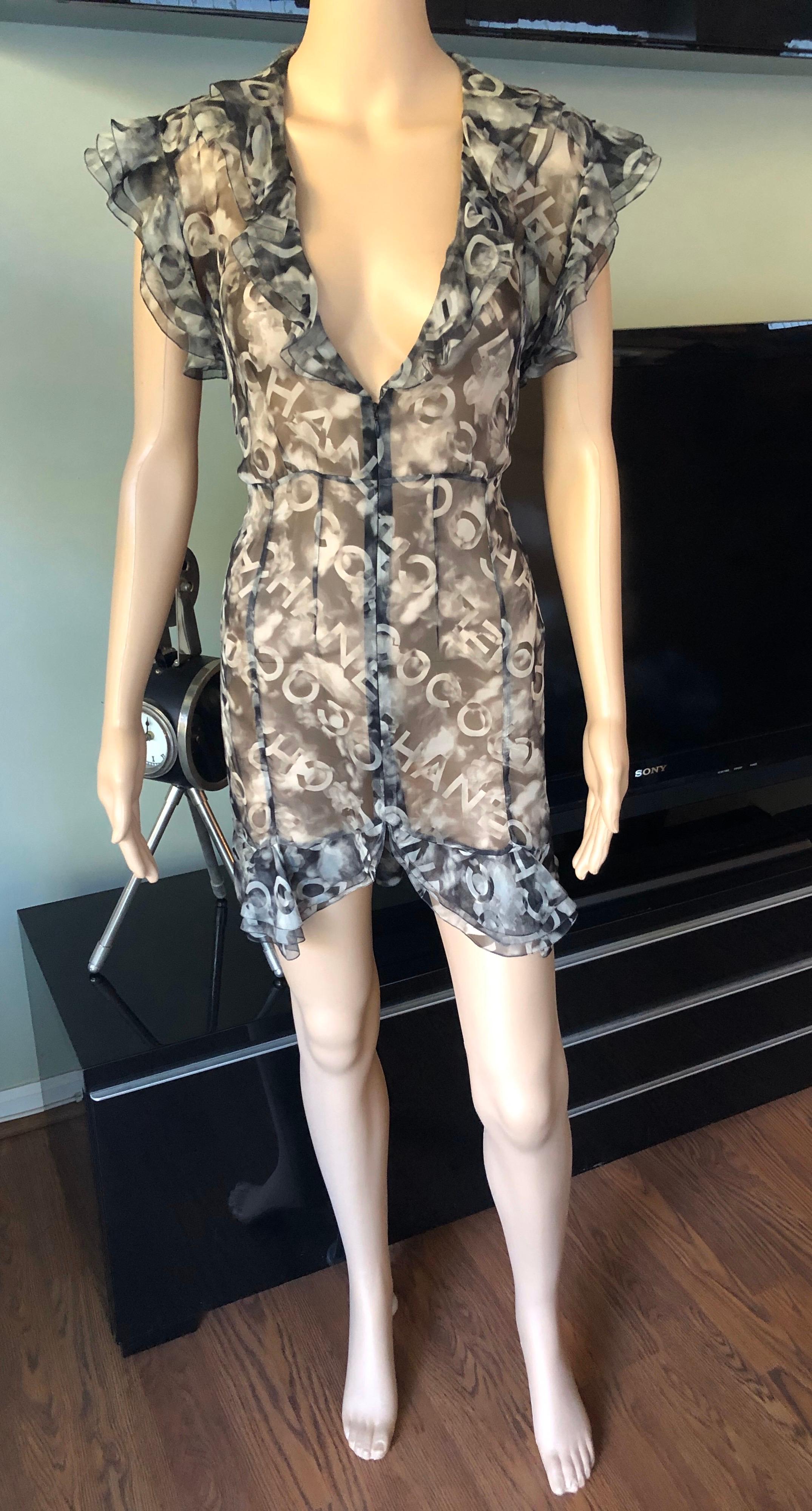 Gray Chanel S/S 2002 Logo Monogram Sheer Plunging Silk Tunic Dress For Sale