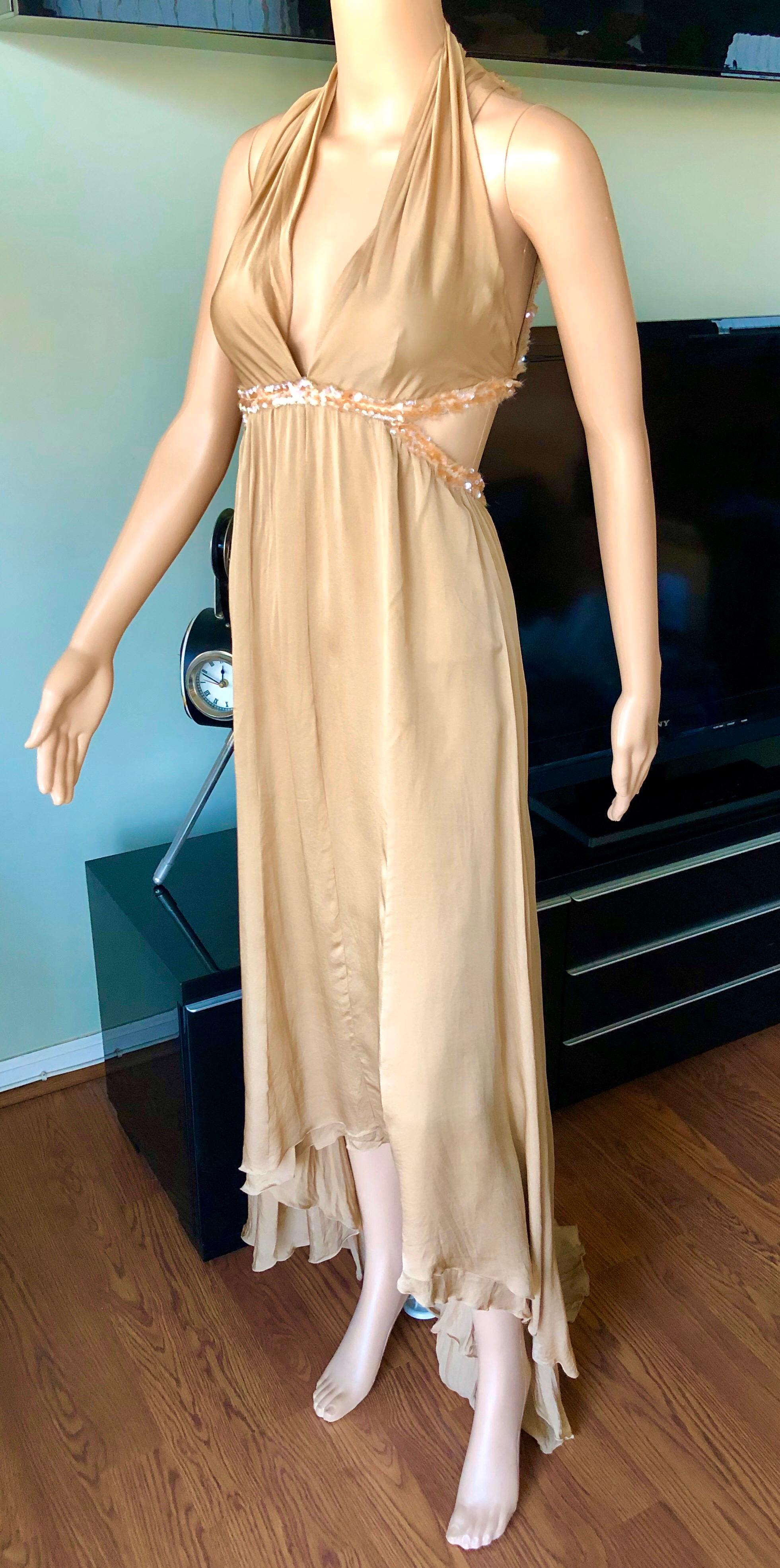 Beige Chanel S/S 2003 Embellished Cut-Out Plunging Open Back Evening Dress Gown For Sale