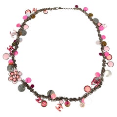 Vintage CHANEL S/S 2004 Pink & Silver Enamel Plastic Flower Disc CC Necklace