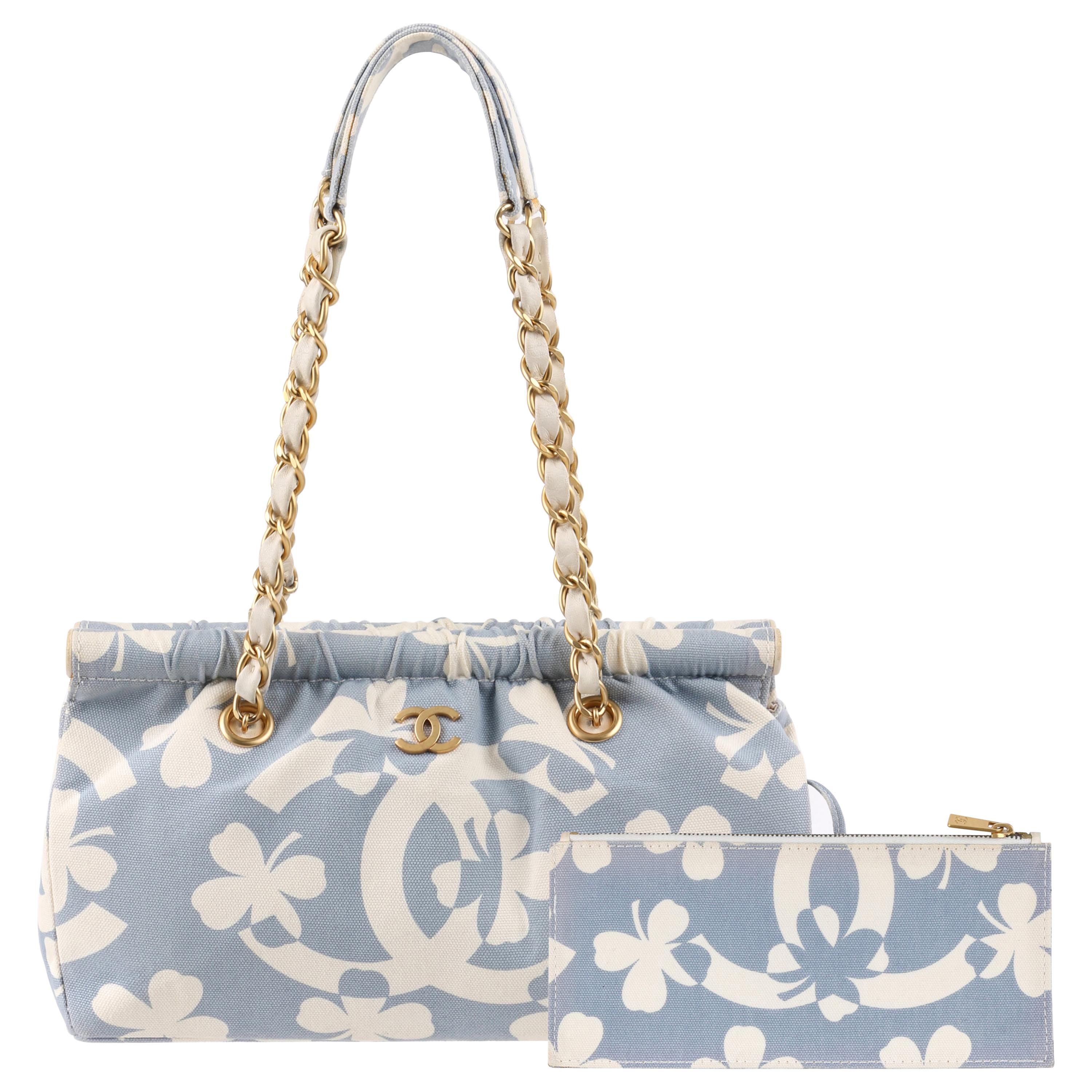 CHANEL S/S 2004 Powder Blue Four Leaf Clover Canvas Chain Handle Purse w/ Wallet