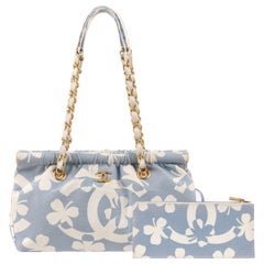 CHANEL S/S 2004 Powder Blue Four Leaf Clover Canvas Chain Handle Purse w/ Wallet