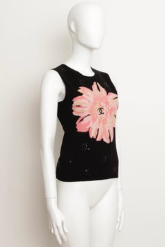 Chanel S/S 2004 Runway Black Cashmere Vest Floral and CC Logo Sequin Embroidery
