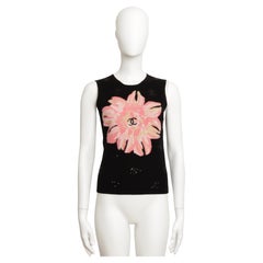 Chanel S/S 2004 Runway Black Cashmere Vest Floral and CC Logo Sequin Embroidery