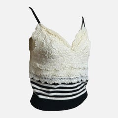 Chanel S/S 2005 Ivory Lace And Black Striped Knit Camisole Top